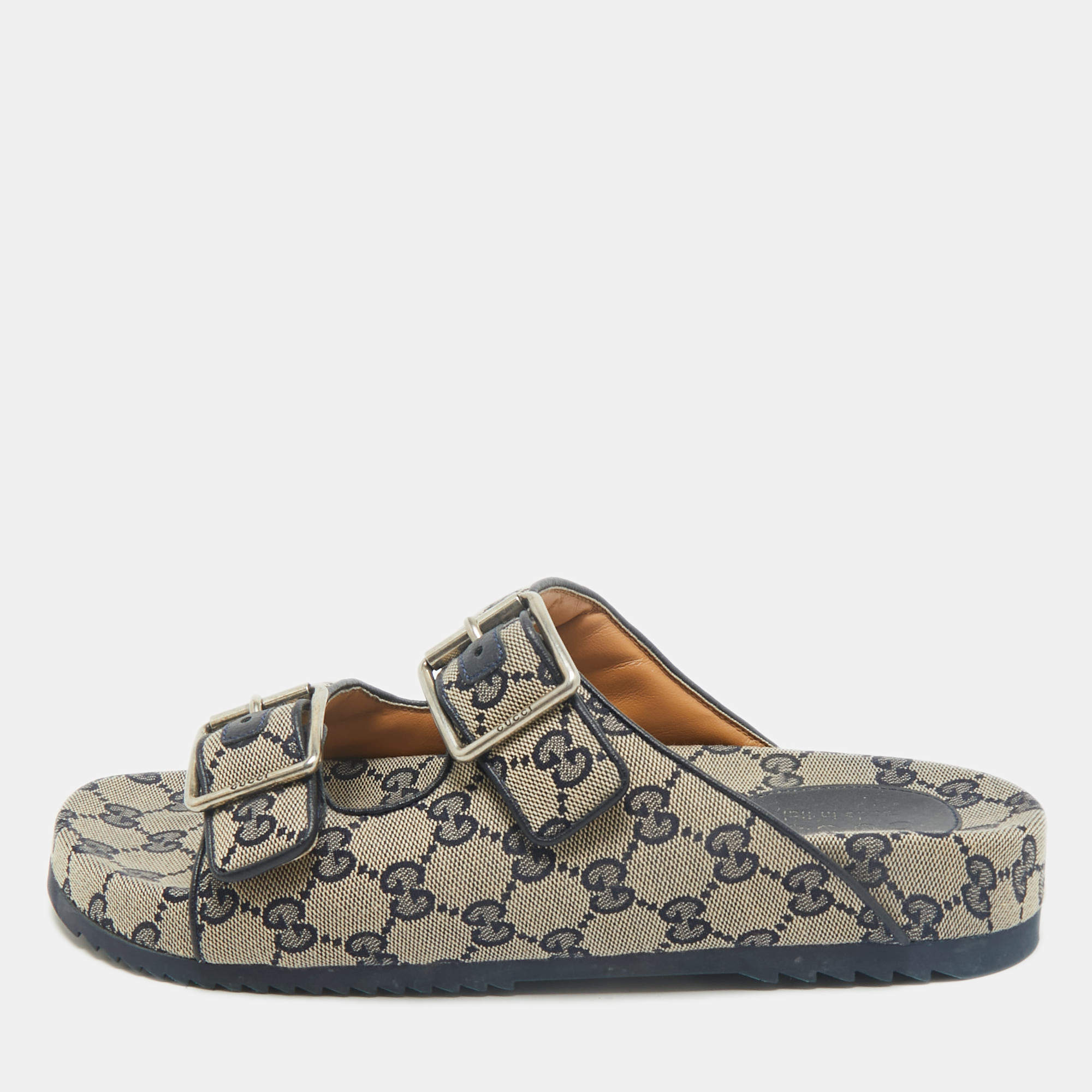 Pre Owned Gucci Beige/Navy Blue GG Canvas Double Strap Slide Sandals Size 42