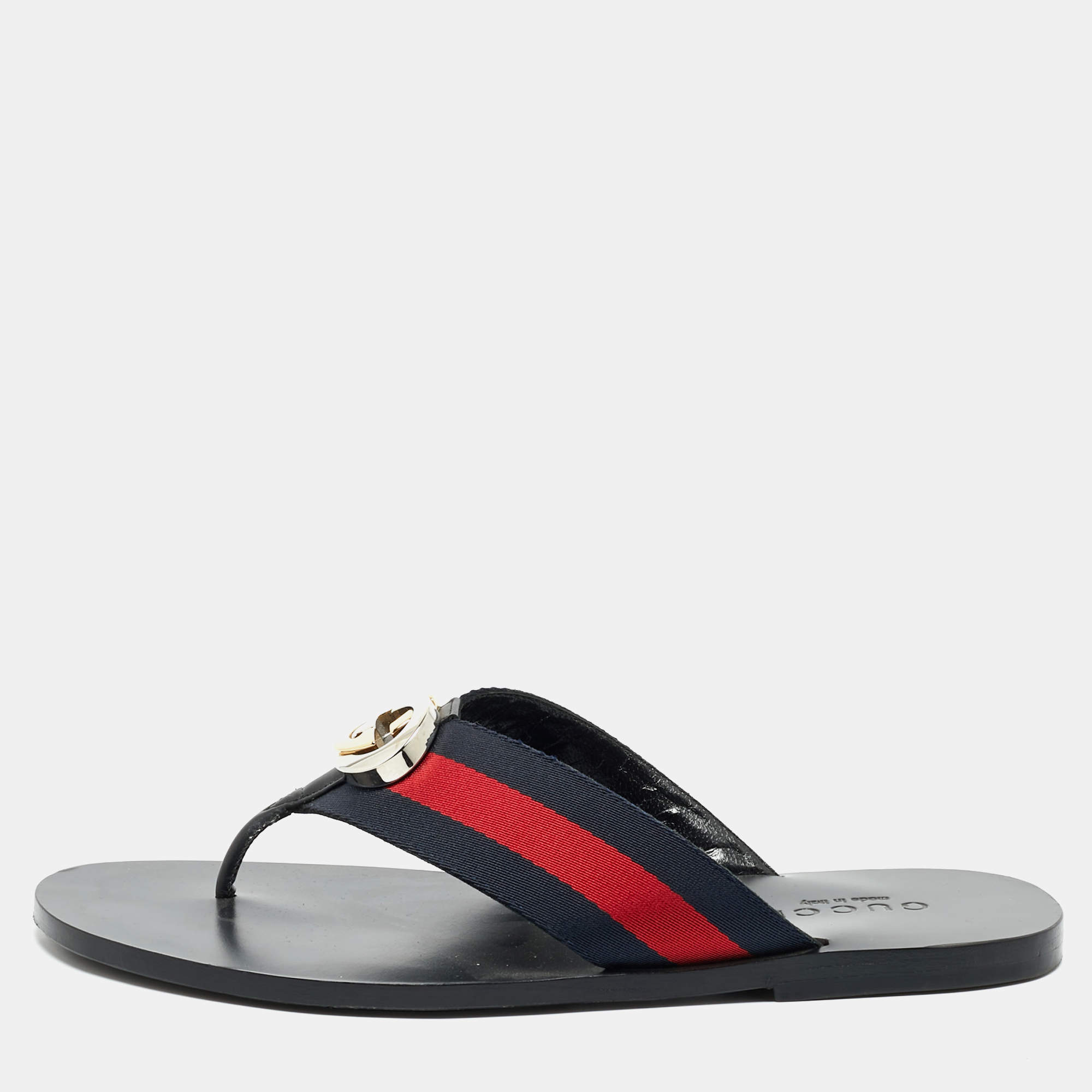 Pre Owned Gucci Black Leather Web Strap Interlocking G Thong Flats Size 41