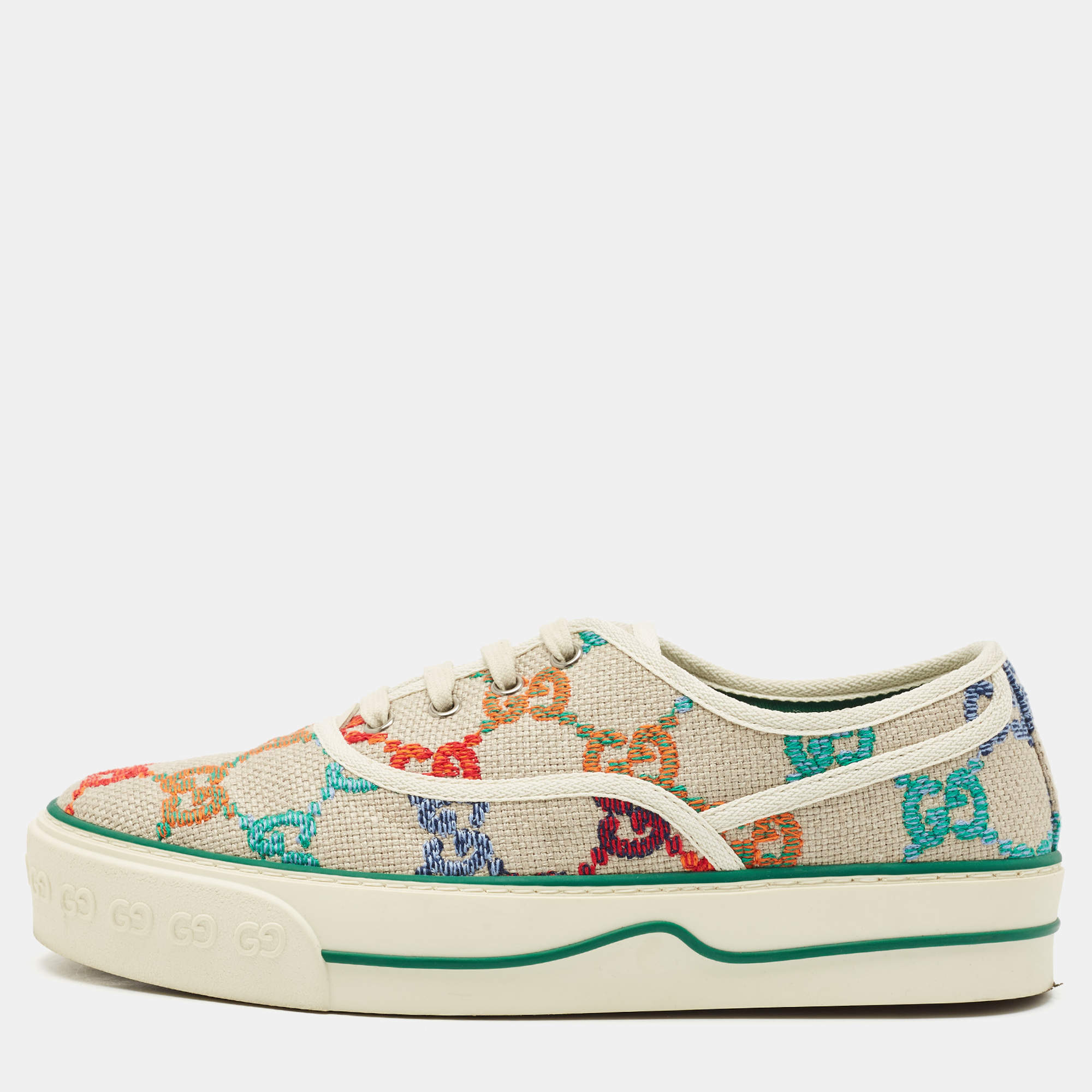 Pre Owned Gucci Beige Rainbow GG Canvas Tennis 1977 Sneakers Size 41.5