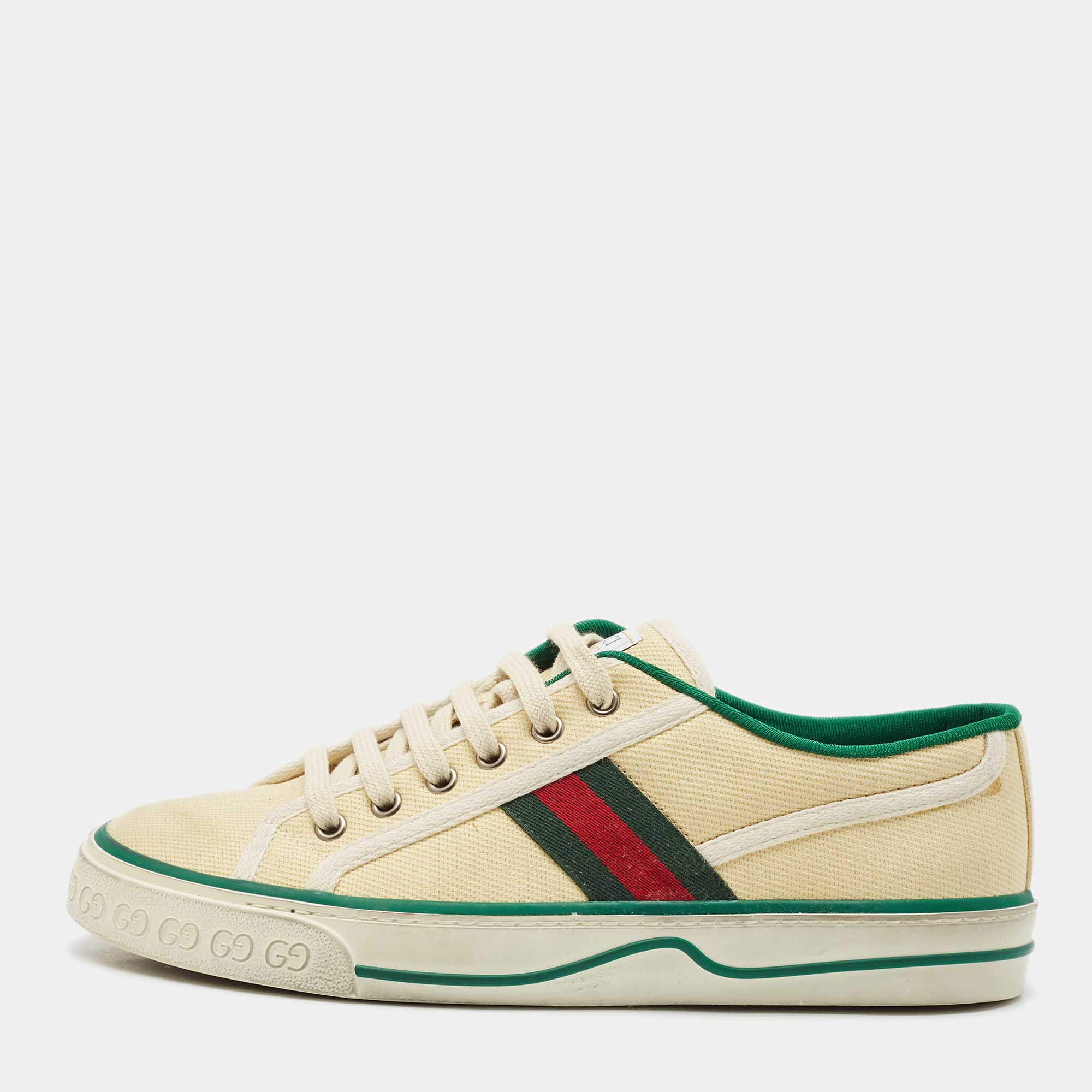 Pre Owned Gucci Cream Canvas Tennis 1977 Web Low Top Sneakers Size 41