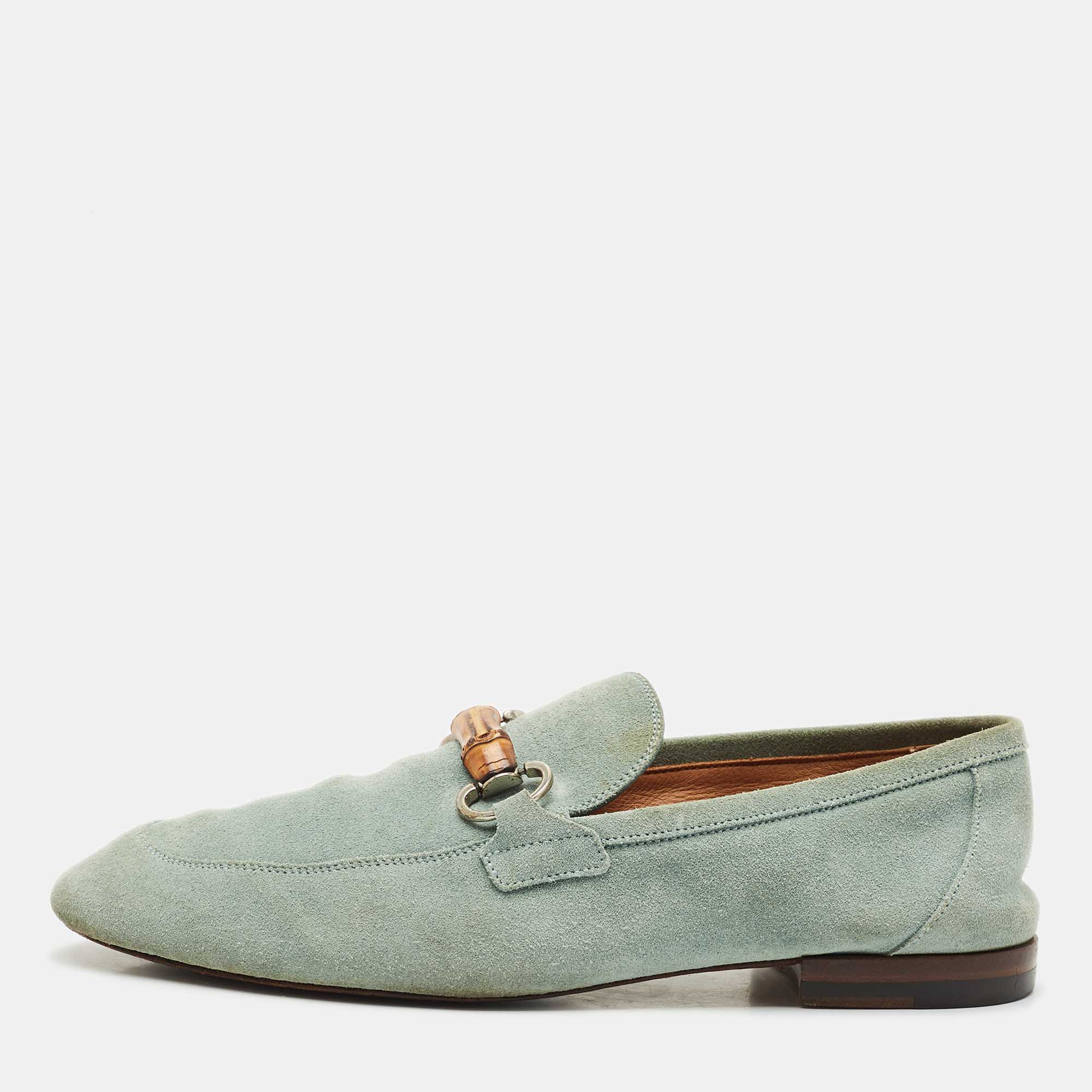 Pre Owned Gucci Blue Suede Jordaan Slip On Loafers Size 40.5