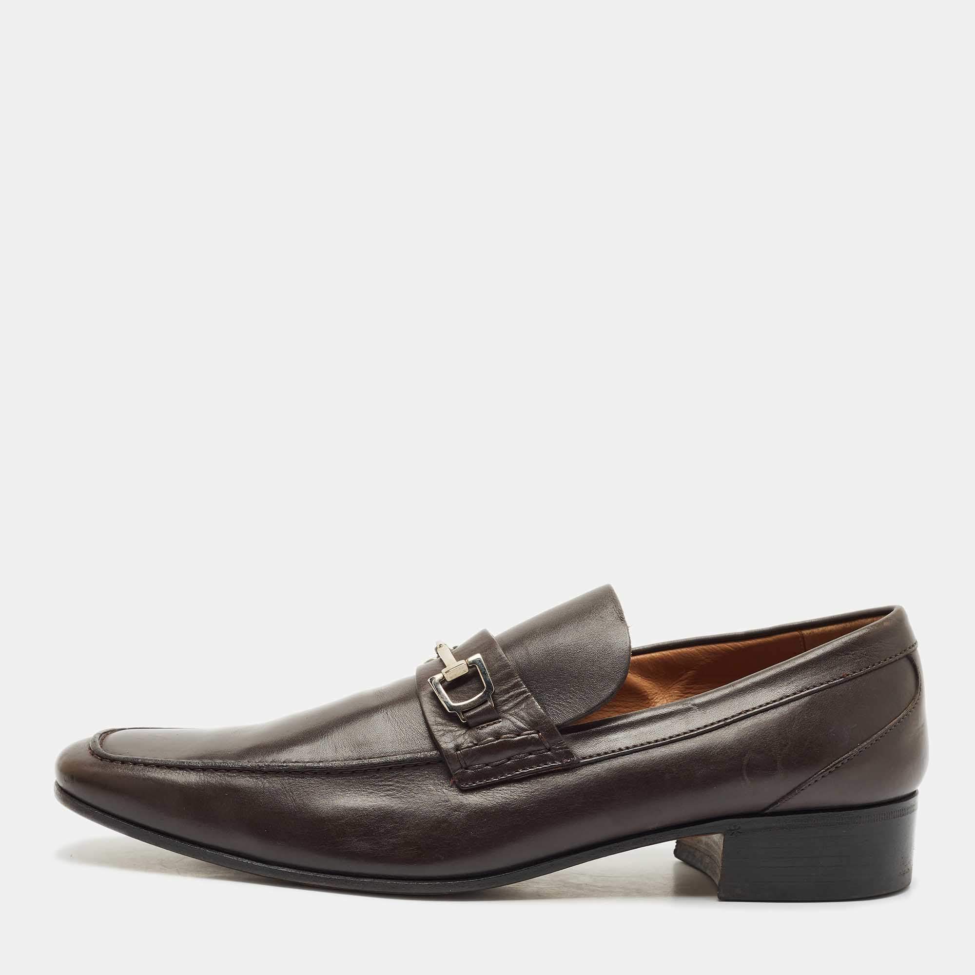 Pre Owned Gucci Brown Leather Horsebit Loafers Size 45