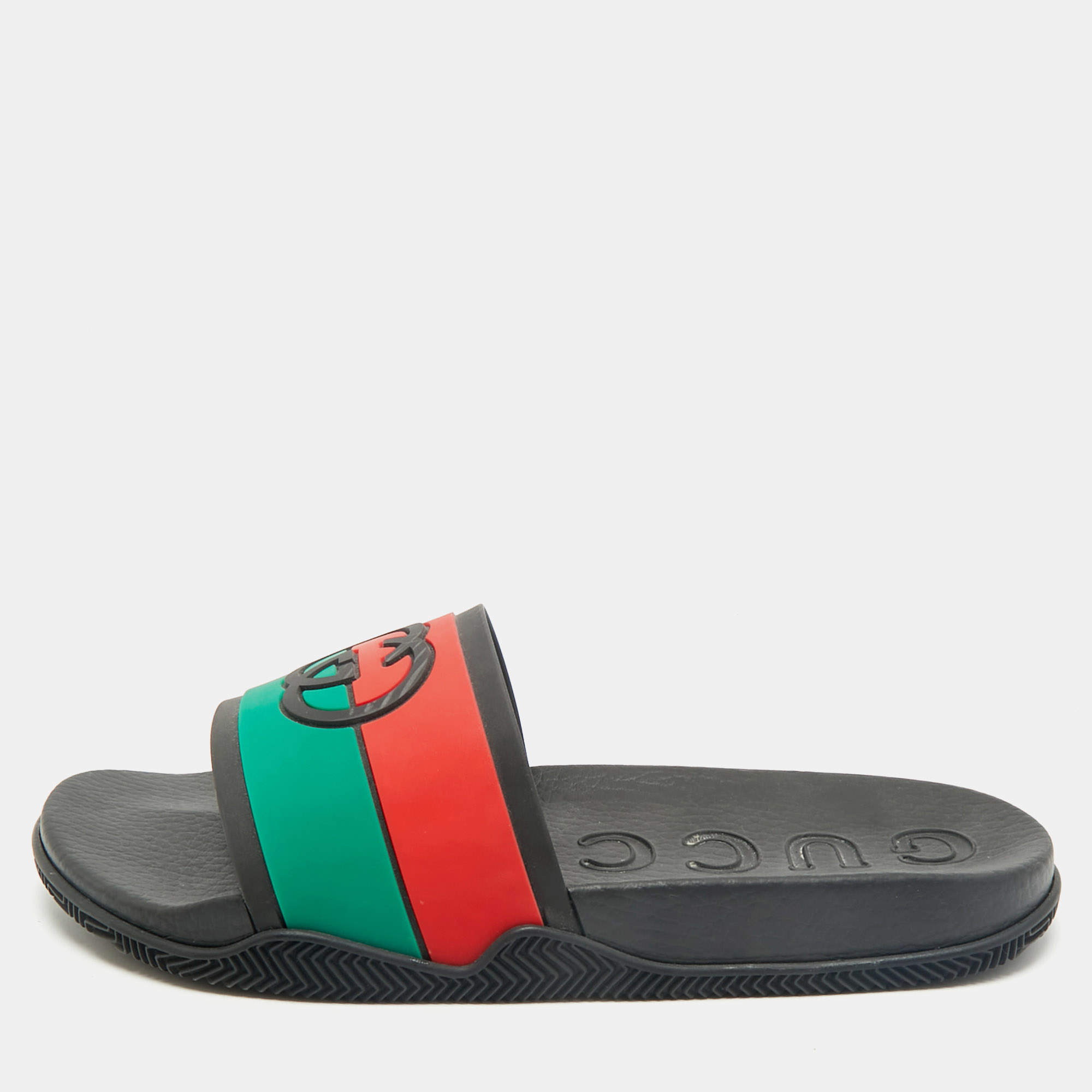 Gucci Multicolor Rubber Web Interlocking G Flat Pool Slides Size 42