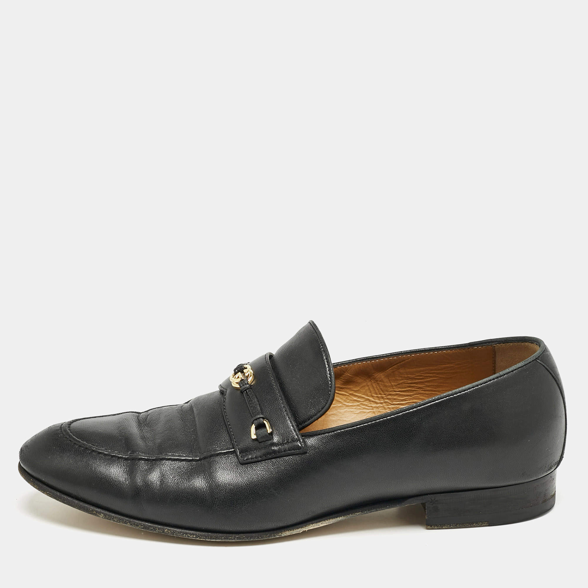 Gucci Black Leather Interlocking G Loafers Size 44