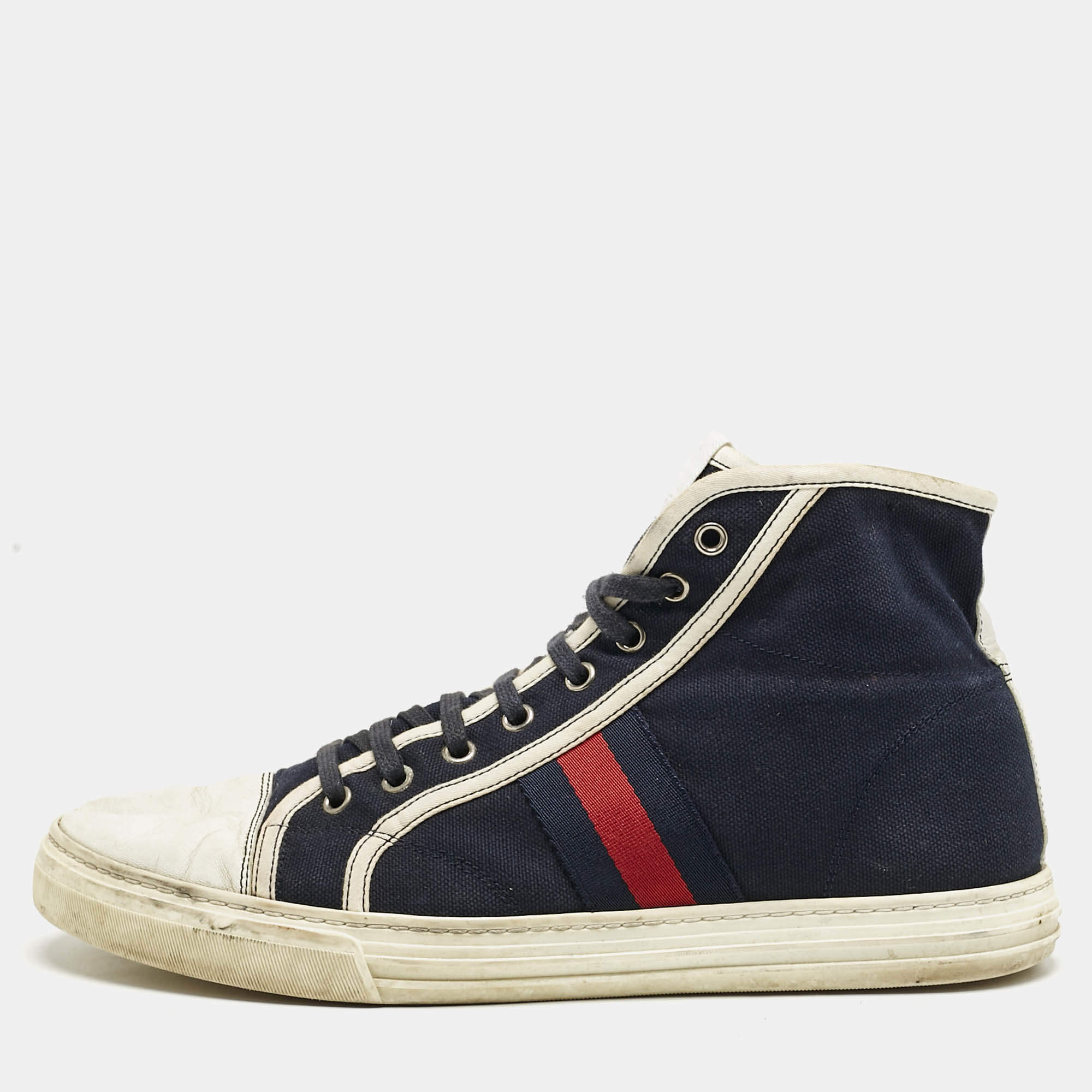 Gucci Navy Blue/White Canvas and Leather Web Detail High Top Sneakers Size 43