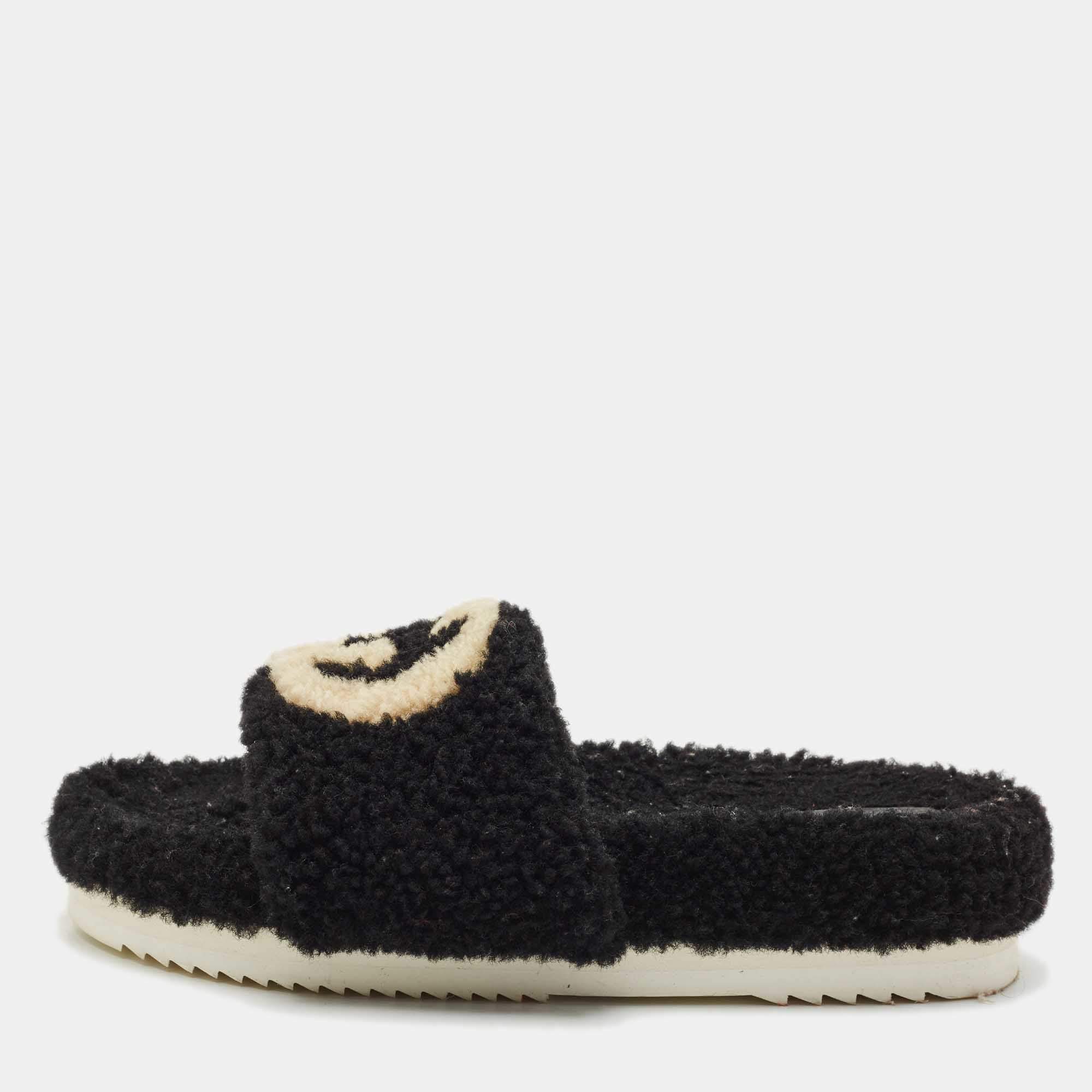 Gucci Black Shearling GG Flat Slides Size 42