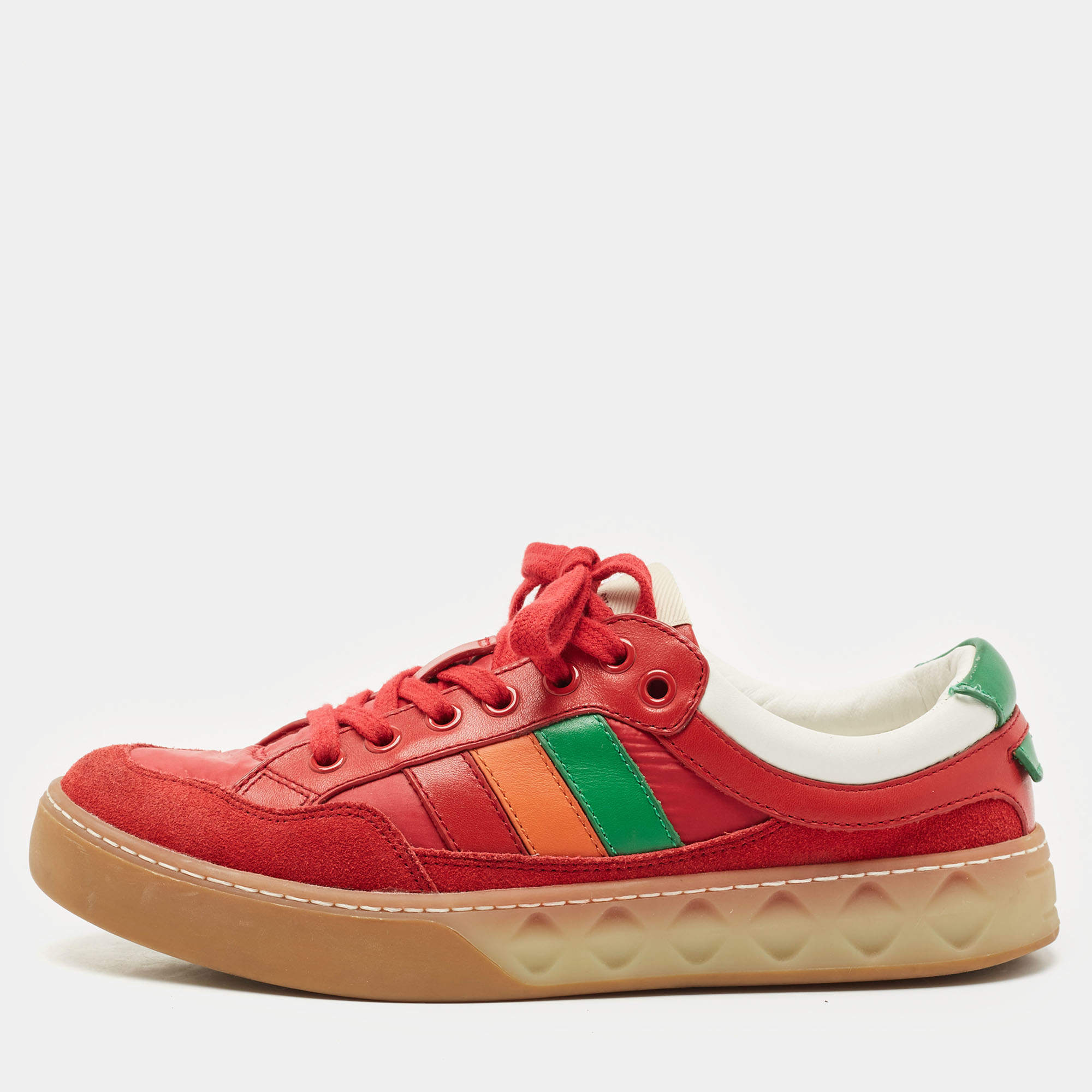 Gucci Red Leather and Nylon SS Stripe Lace Up Sneakers Size 38.5