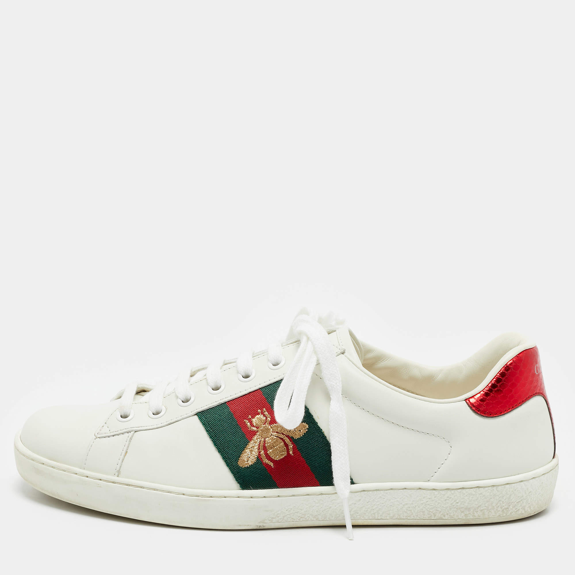 Gucci White Leather Embroidered Bee Web Ace Low Top Sneakers Size 41.5