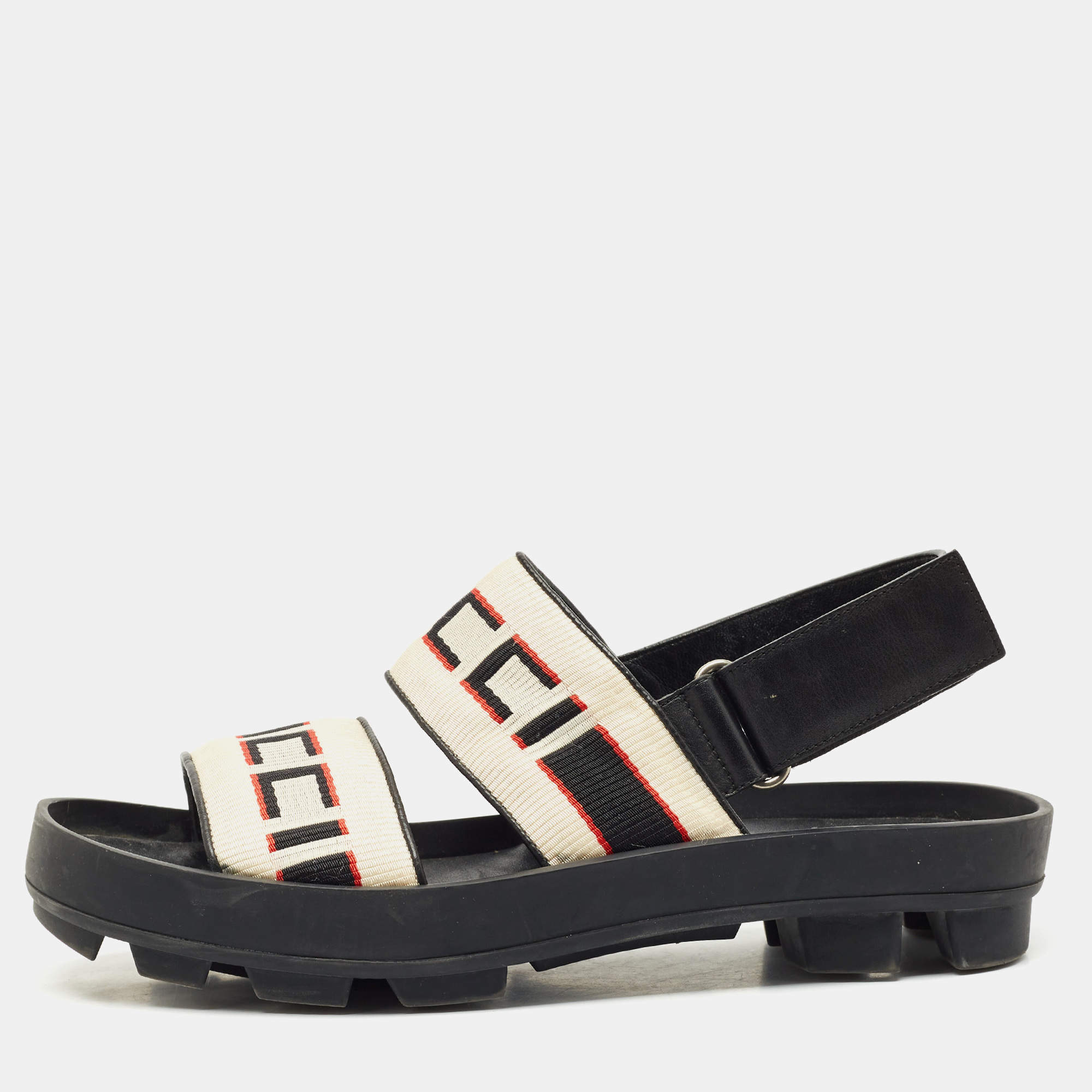 Pre Owned Gucci Beige/Black Stripe Logo Nylon and Leather Flat Sandals Size 40
