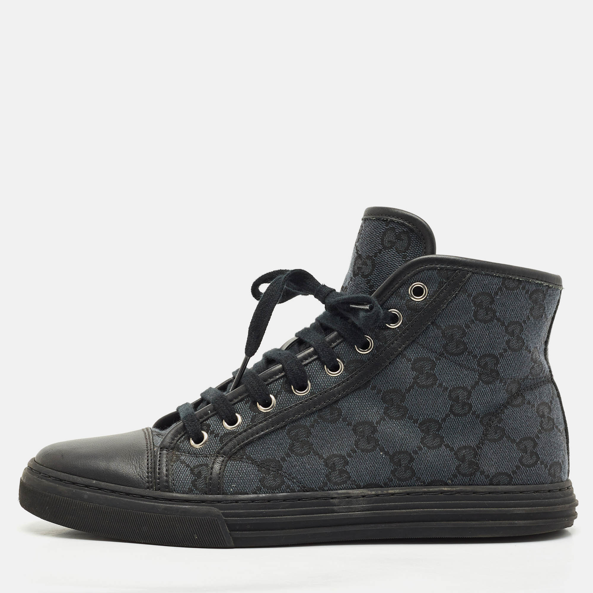 Pre Owned Gucci Black GG Canvas and Leather High Top Sneakers Size 40