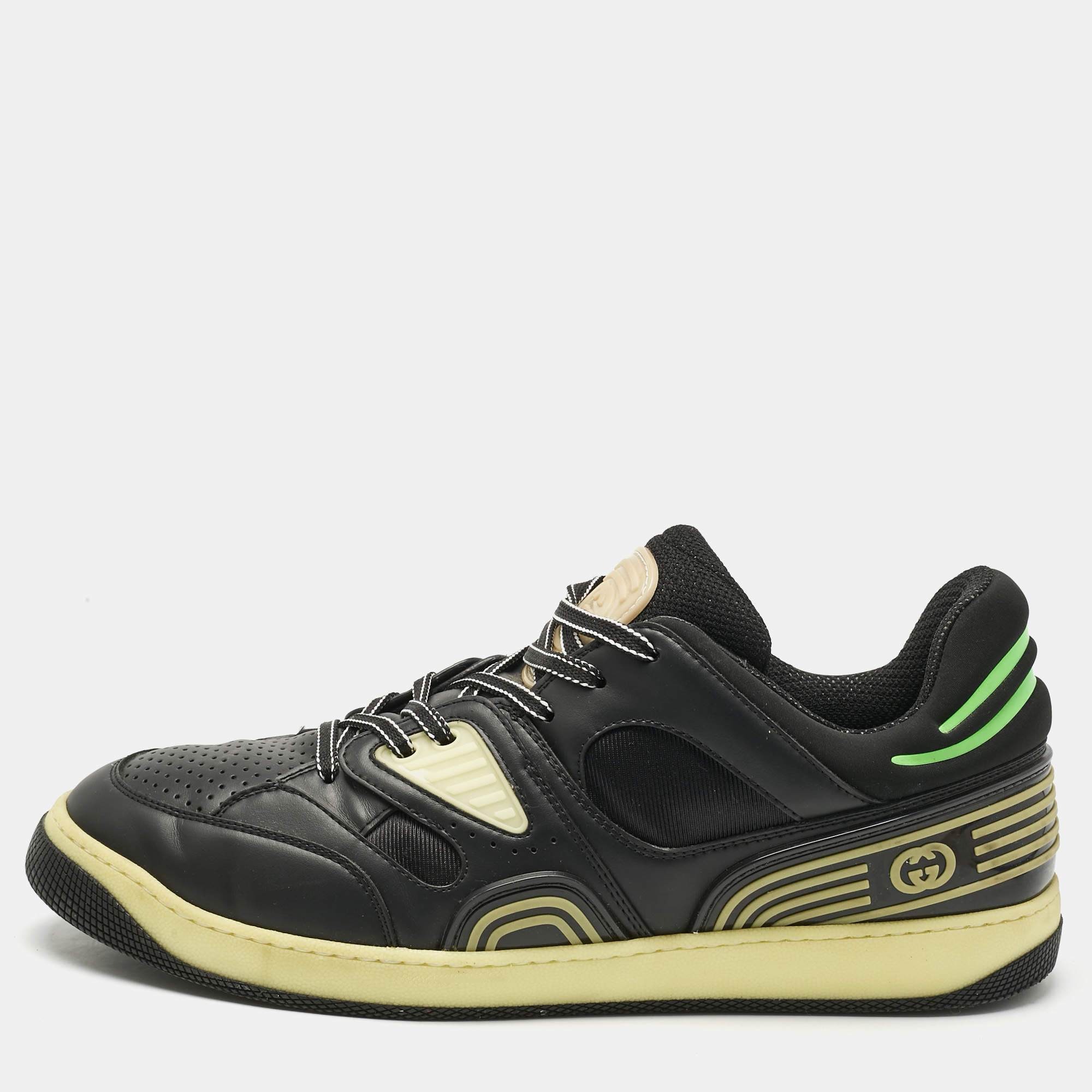 Pre Owned Gucci Black/Green Leather and Nylon Basket Low Top Sneakers Size 46.5