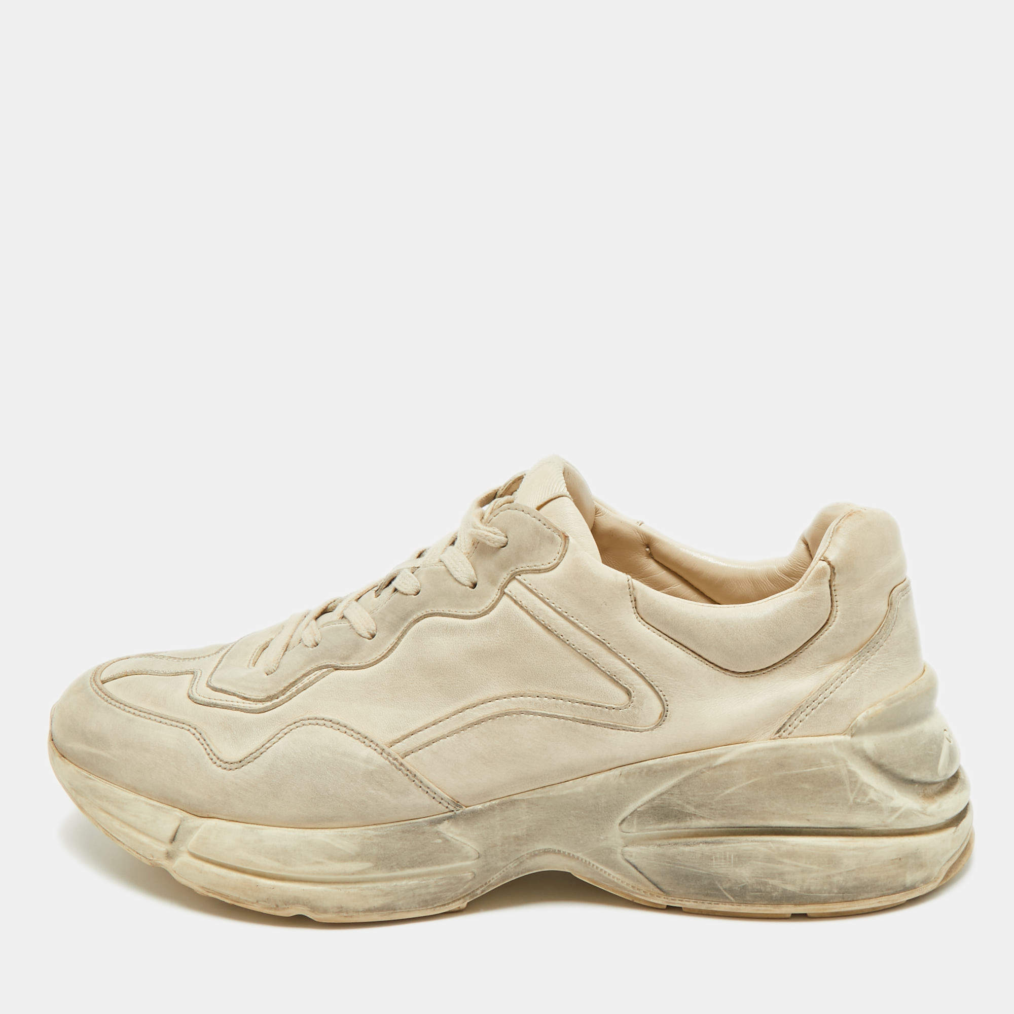 Pre Owned Gucci Off White Leather Distressed Rhyton Sneakers Size 46.5