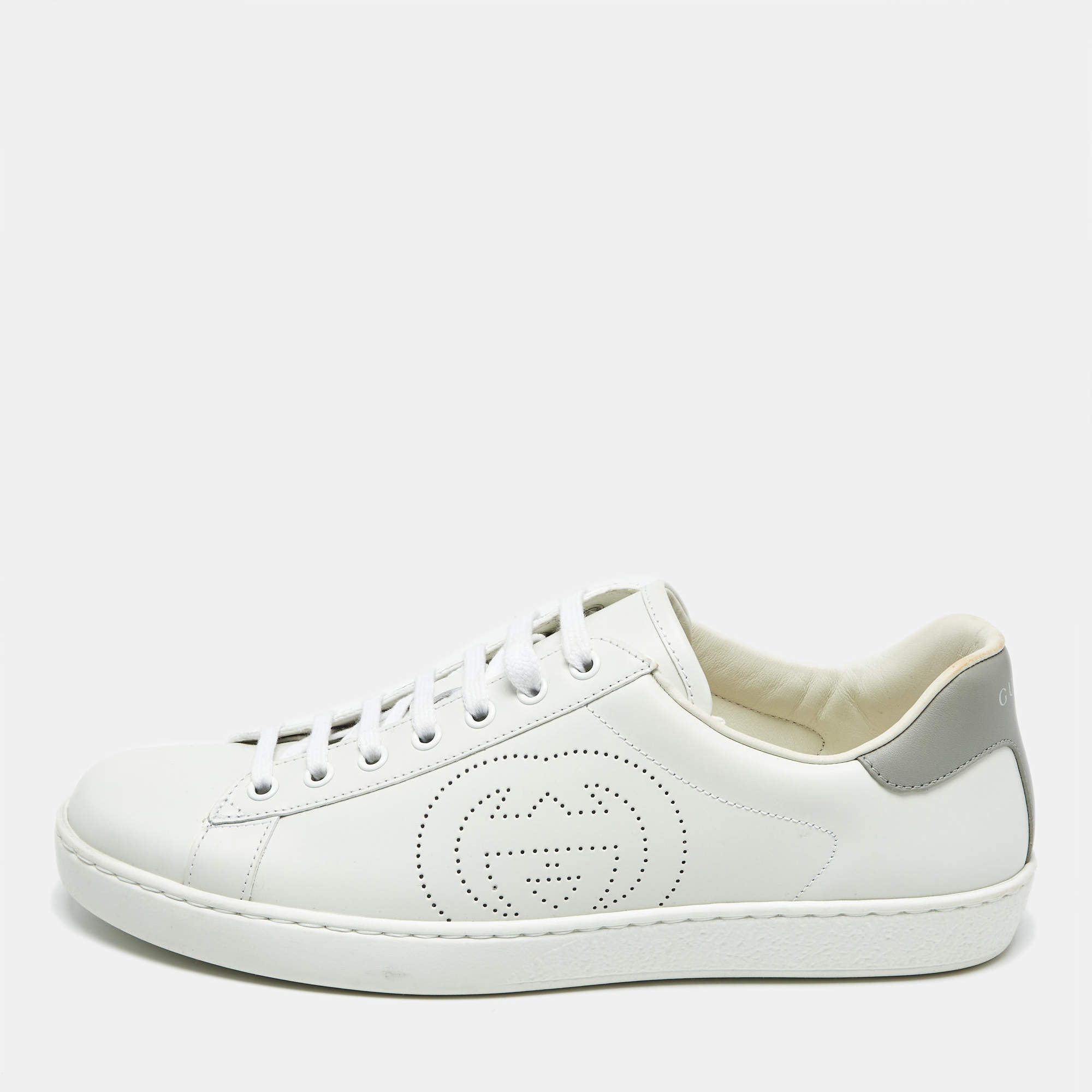Pre Owned Gucci White Perforated Interlocking G Leather Ace Sneakers Size 42
