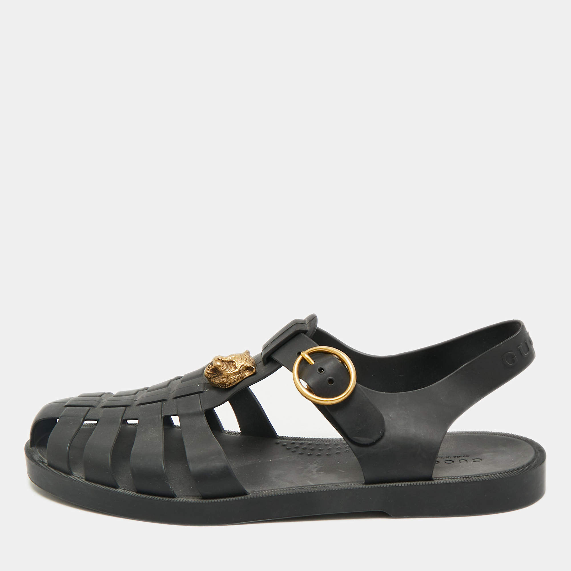 Pre Owned Gucci Black Rubber GG Marmont and Tiger Embellished Buckle Strap Flat Sandals Size 41