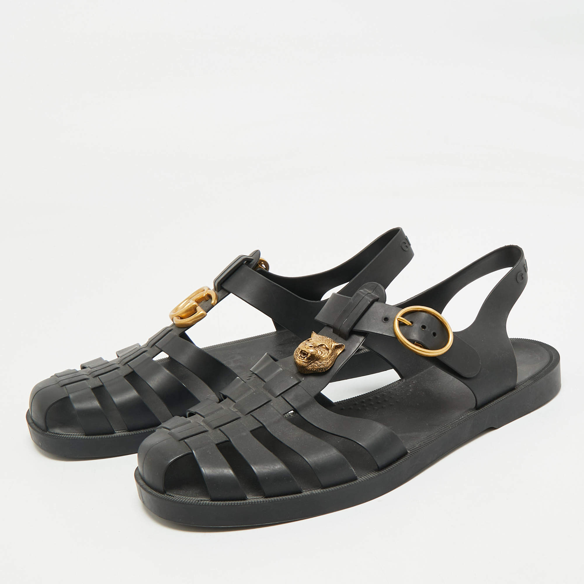 Gucci Black GG Rubber Loin Head Slingback Sandals Size 44