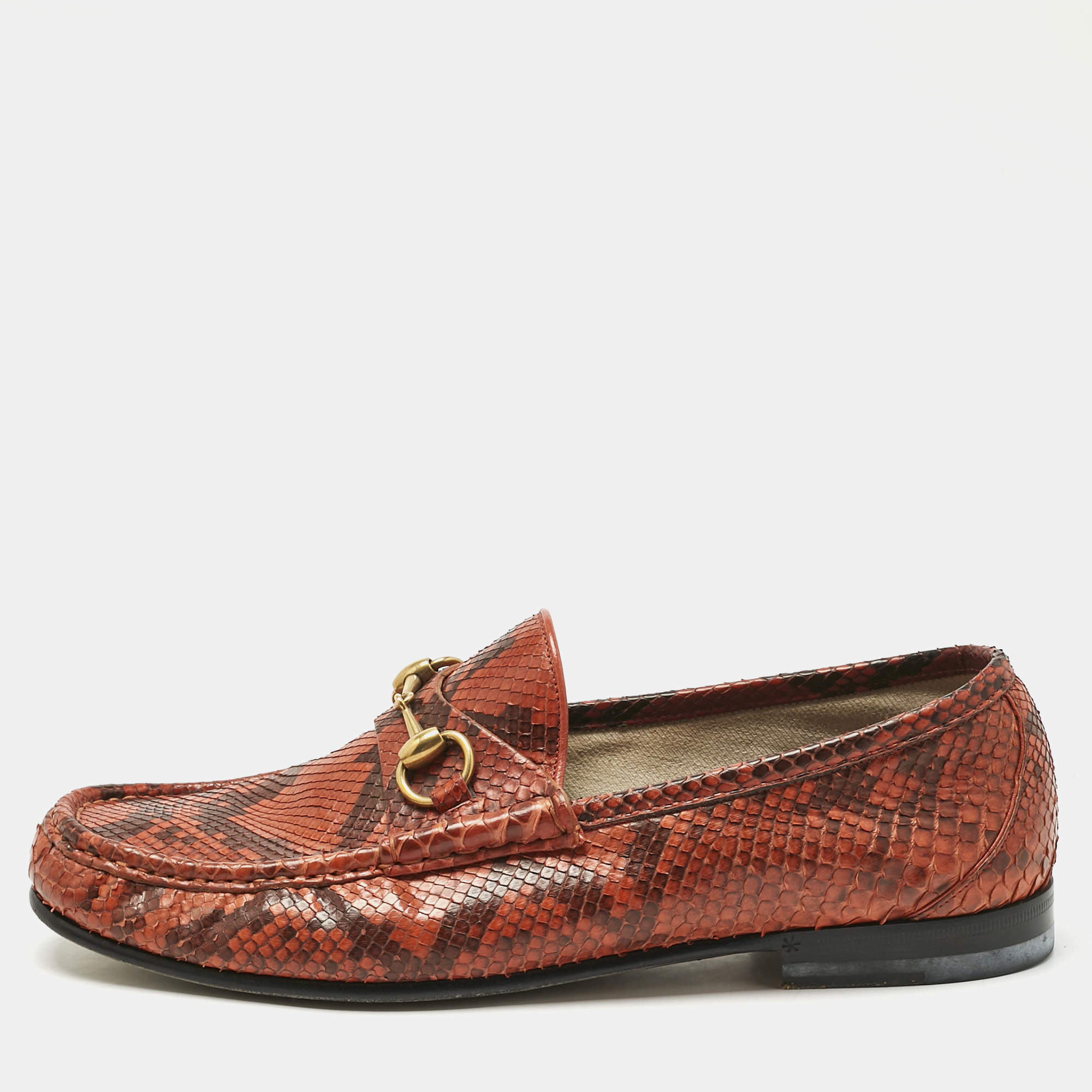 Pre Owned Gucci Orange/Brown Python Horsebit Slip On Loafers Size 42.5 
