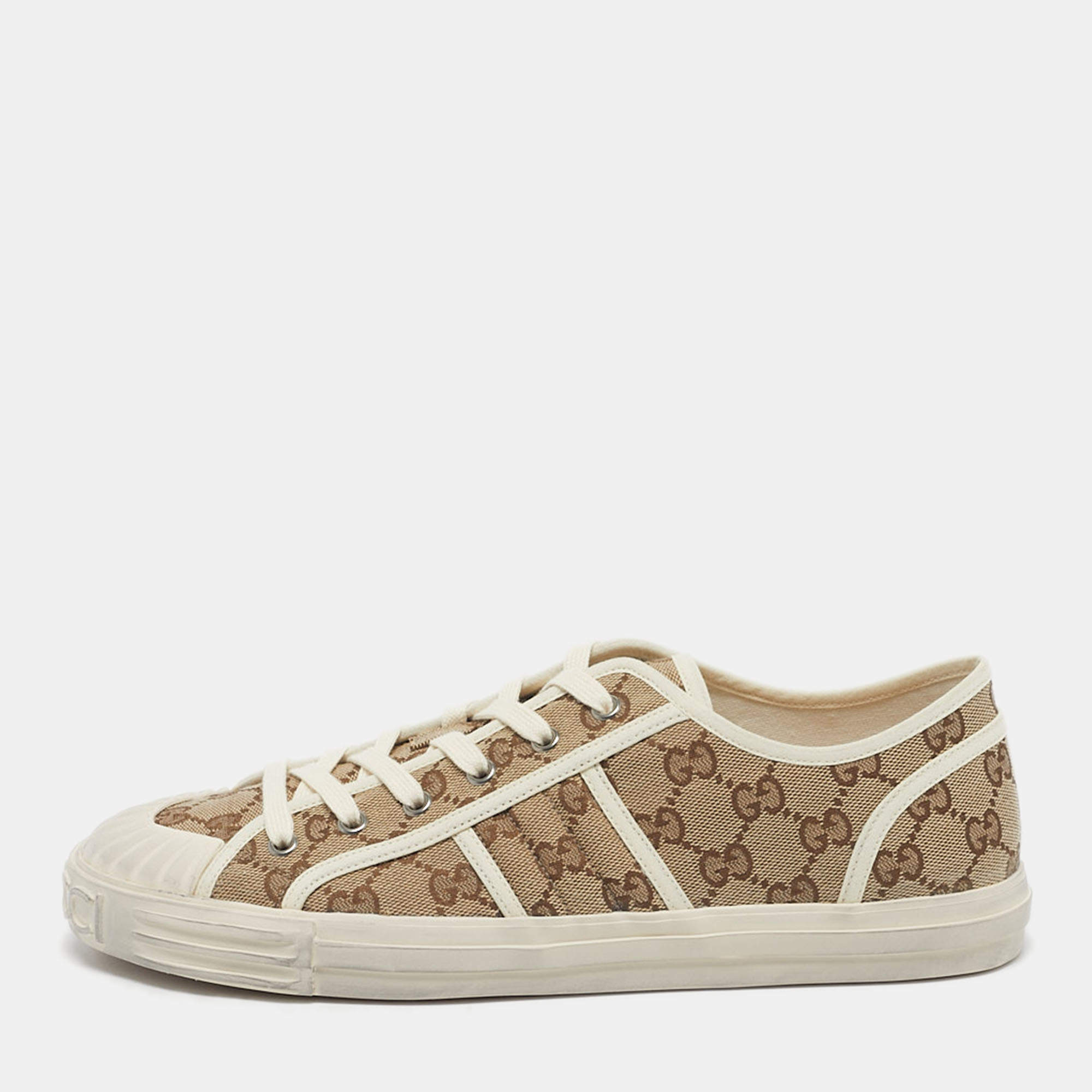 مملوكة مسبقًا Gucci Brown/Cream Canvas and Leather Chunky B Low Top Sneakers Size 43