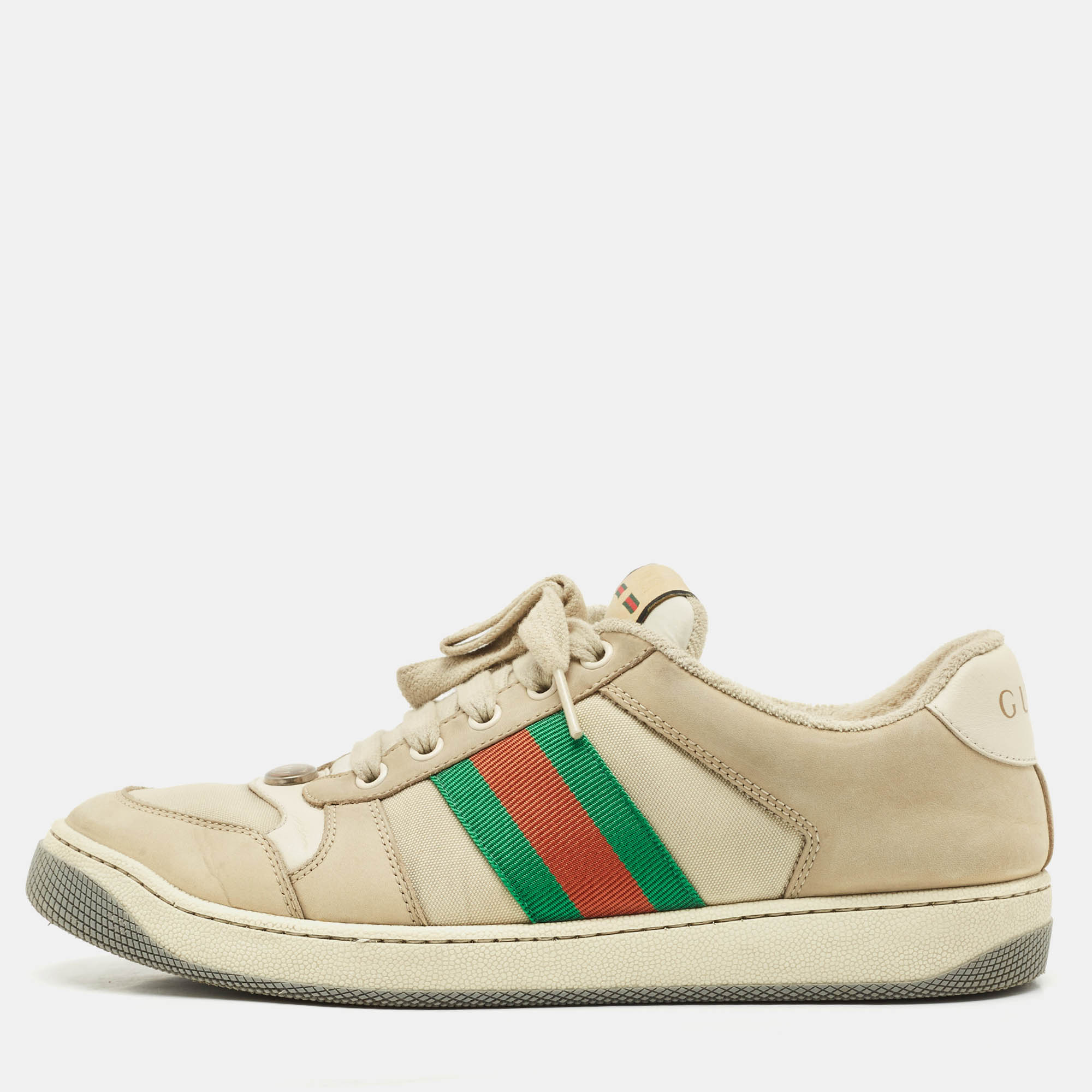 Pre Owned Gucci Cream GG Canvas And Nubuck Leather Screener Low Top Sneakers Size 39