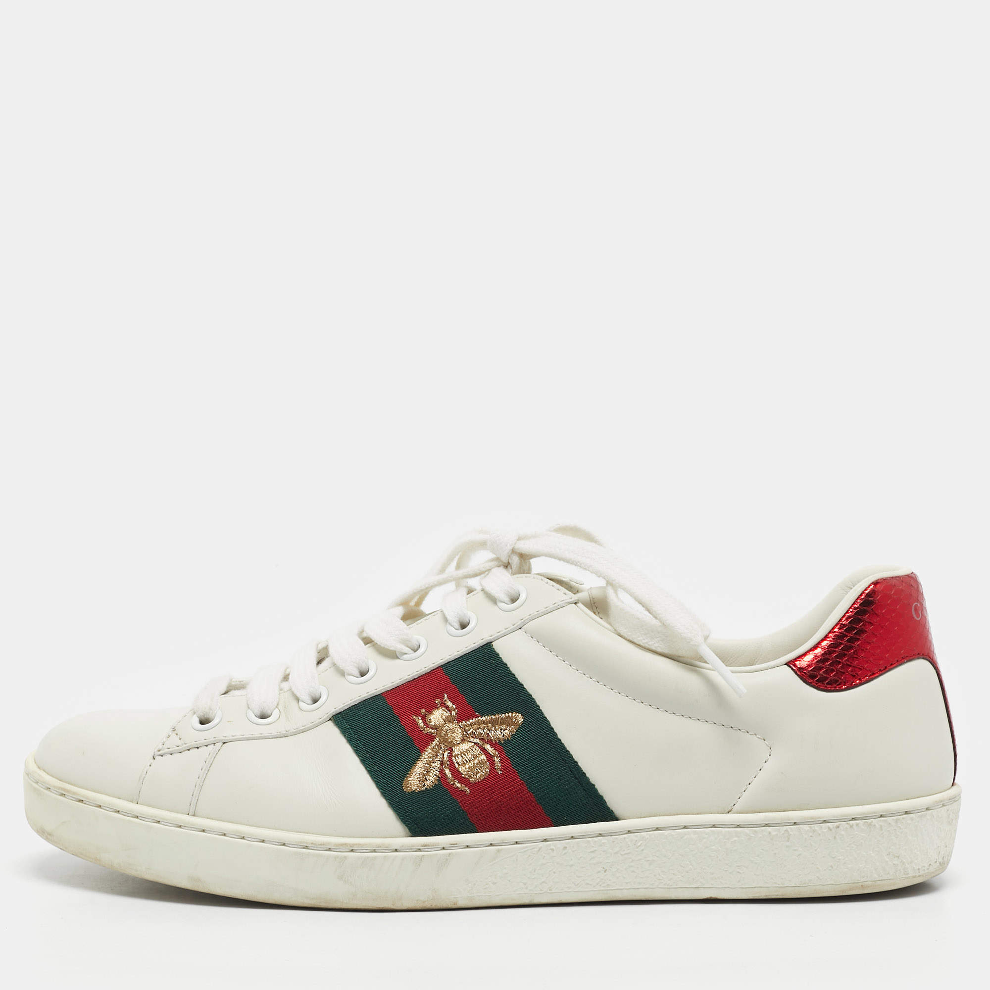 Pre Owned Gucci White Leather Embroidered Bee Web Ace Sneakers Size 40.5