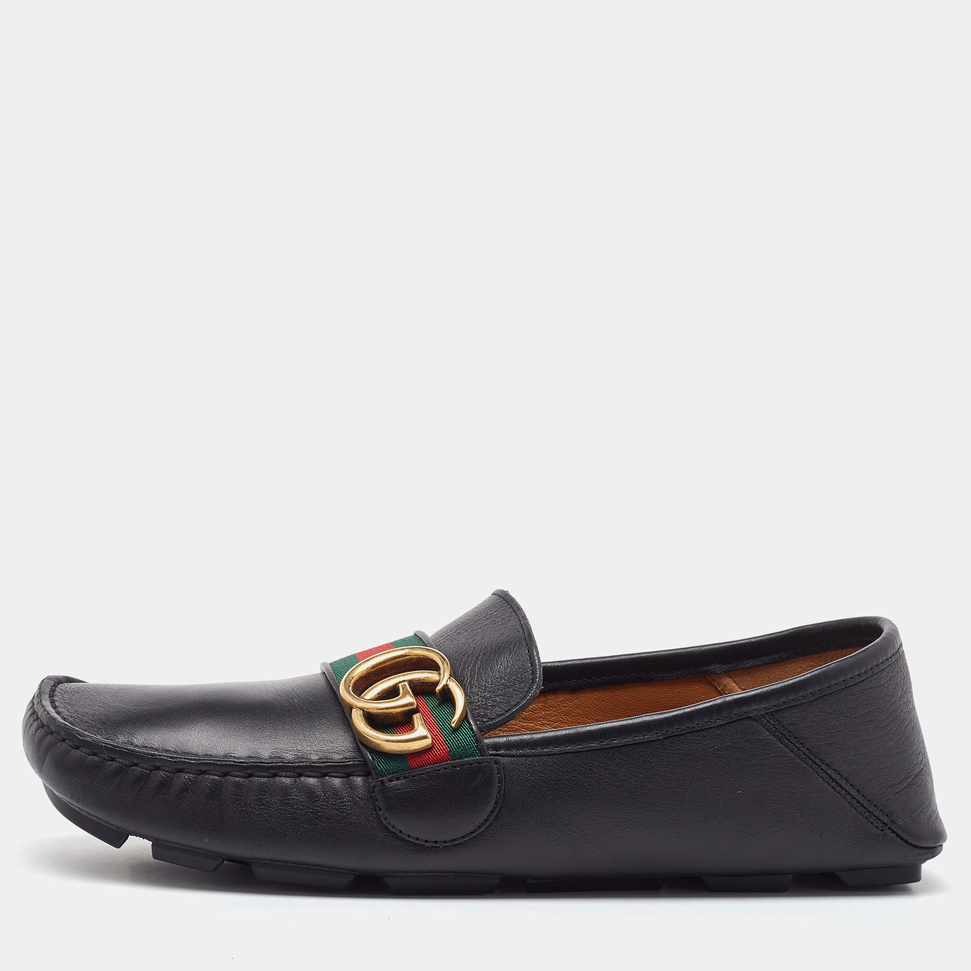 Pre Owned Gucci Black Leather GG Marmont Web Detail Slip On Loafers Size 38.5