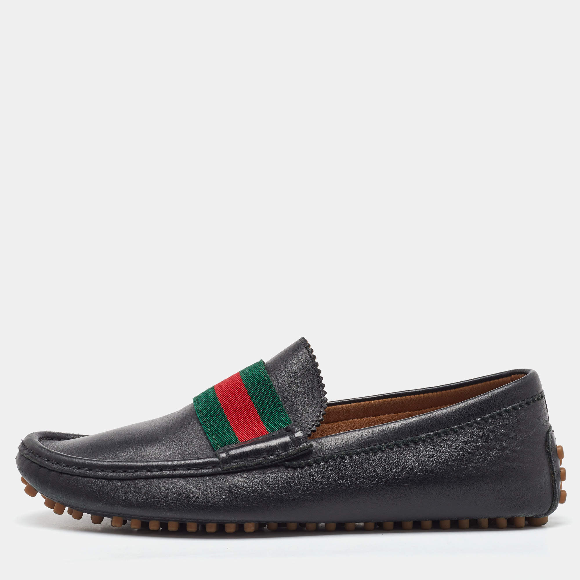 Pre Owned Gucci Black Leather Web Detail Slip On Loafers Size 39.5