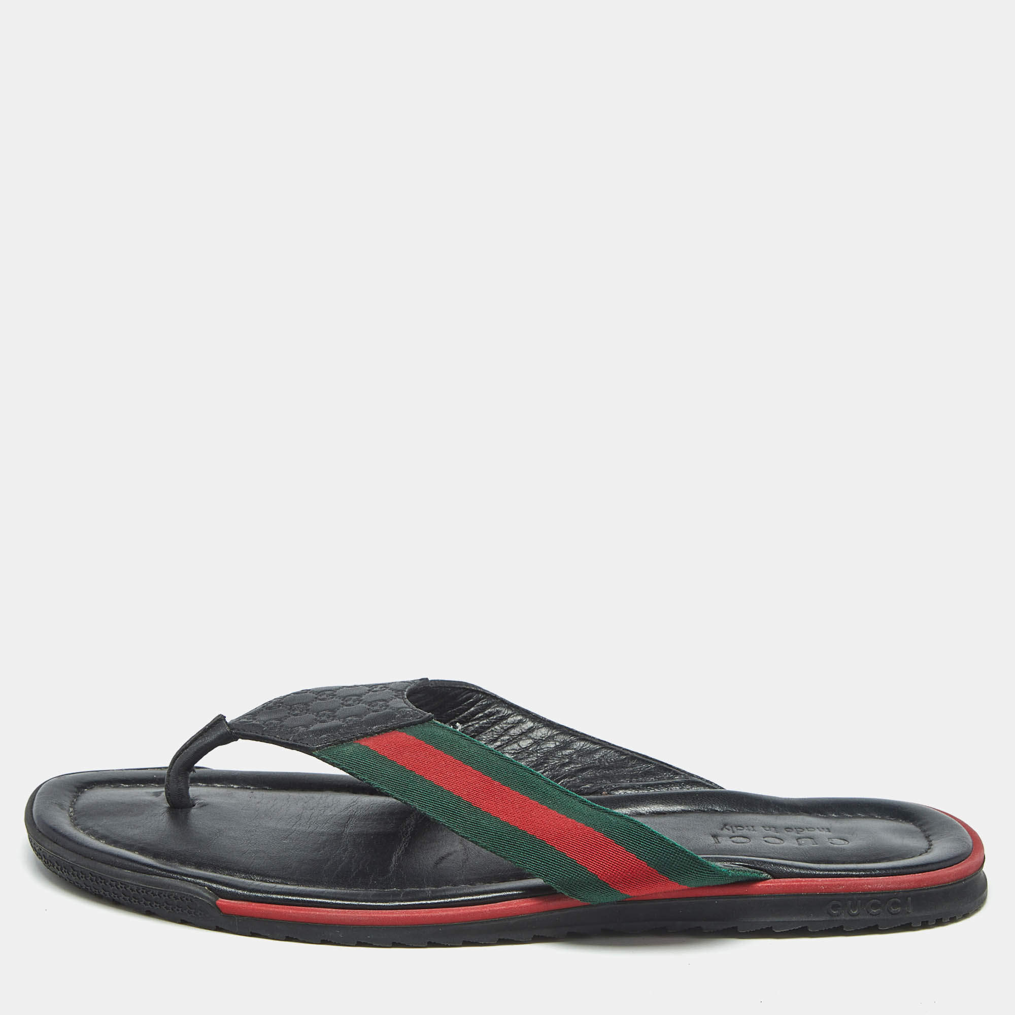 Pre Owned Gucci Black GG Leather Web Detail Thong Flat Sandals Size 44