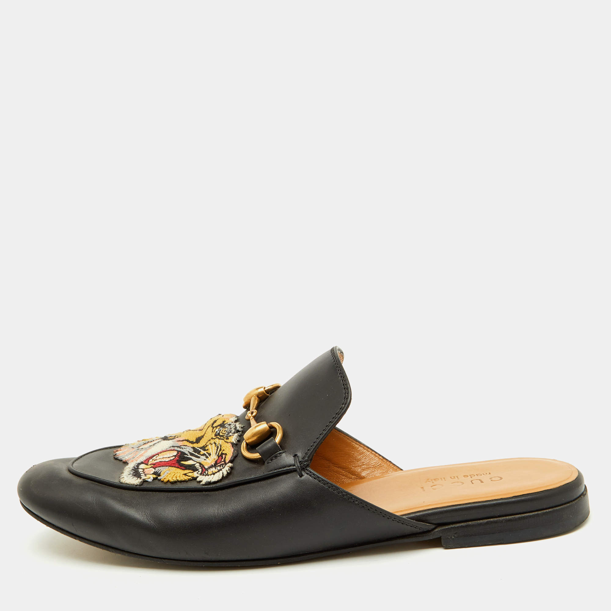 Pre Owned Gucci Black Tiger Embroidered Leather Princetown Horsebit Flat Mules Size 41