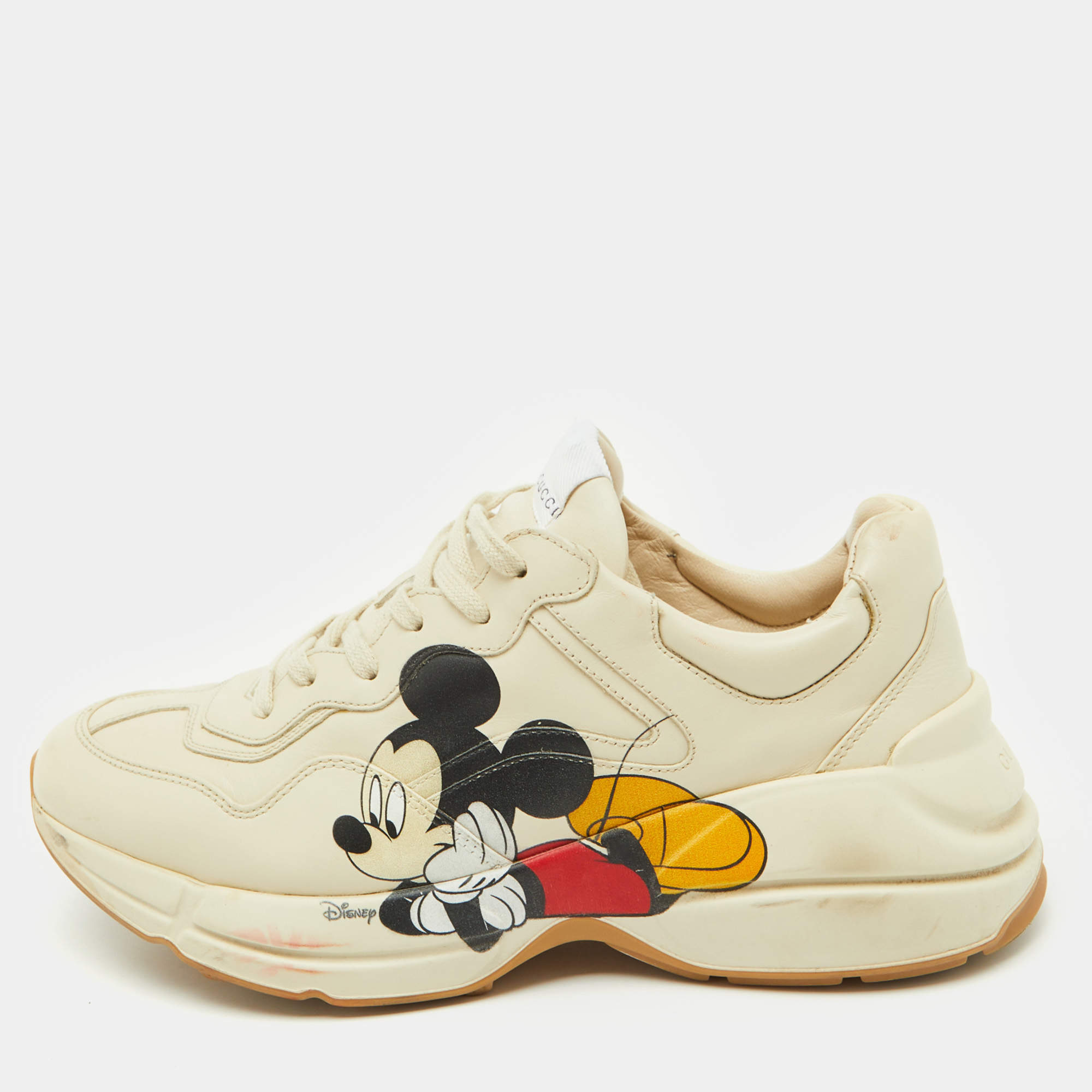 Pre Owned Gucci x Disney Cream Leather Mickey Mouse Rhyton Sneakers Size 41