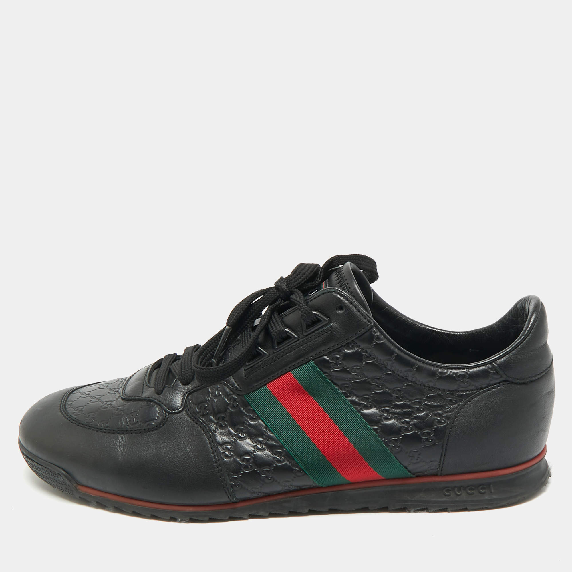Pre Owned Gucci Black Guccissima Leather Web Low Top Sneakers Size 43.5