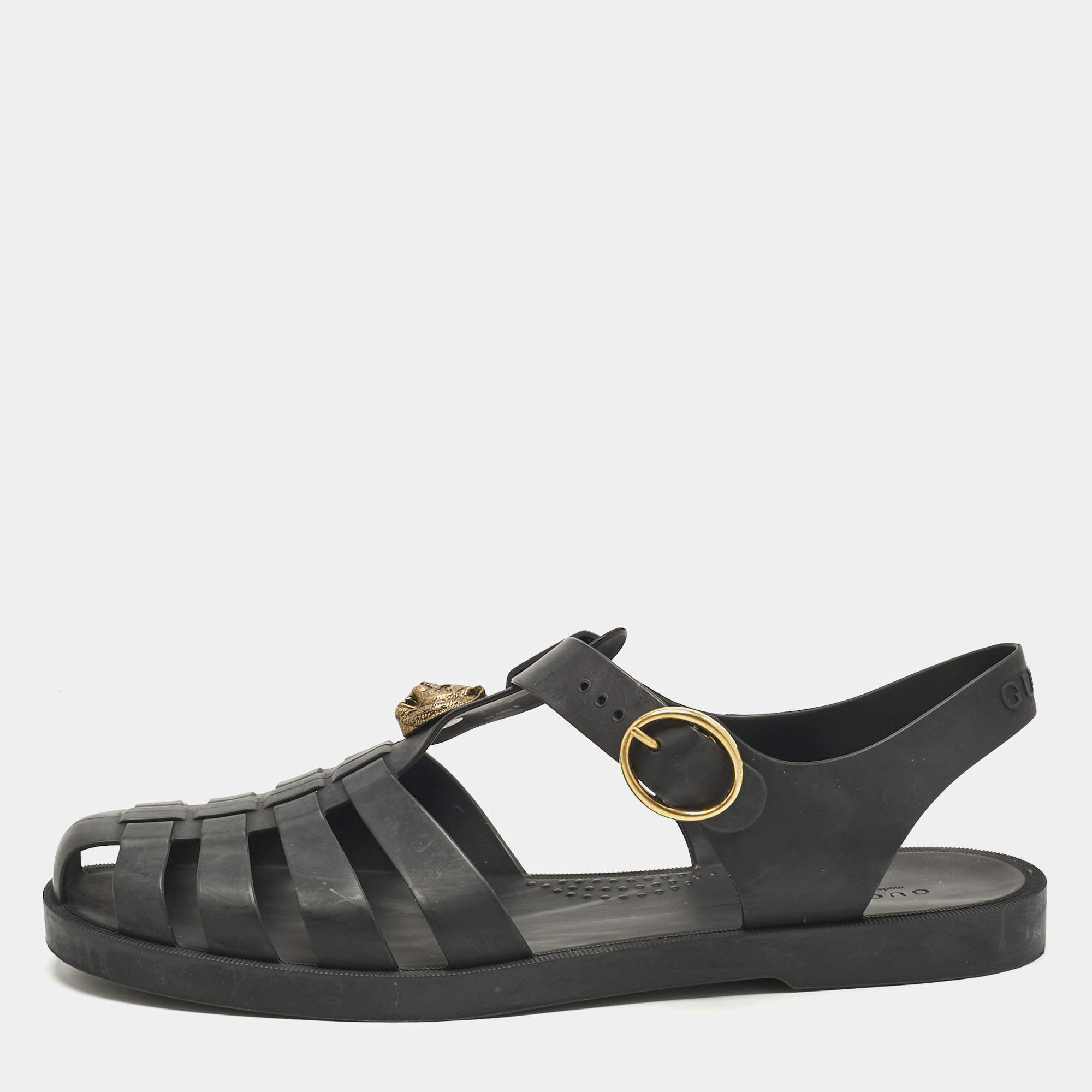 Pre Owned Gucci Black Rubber Studded Tiger Head Flat Sandals Size 43