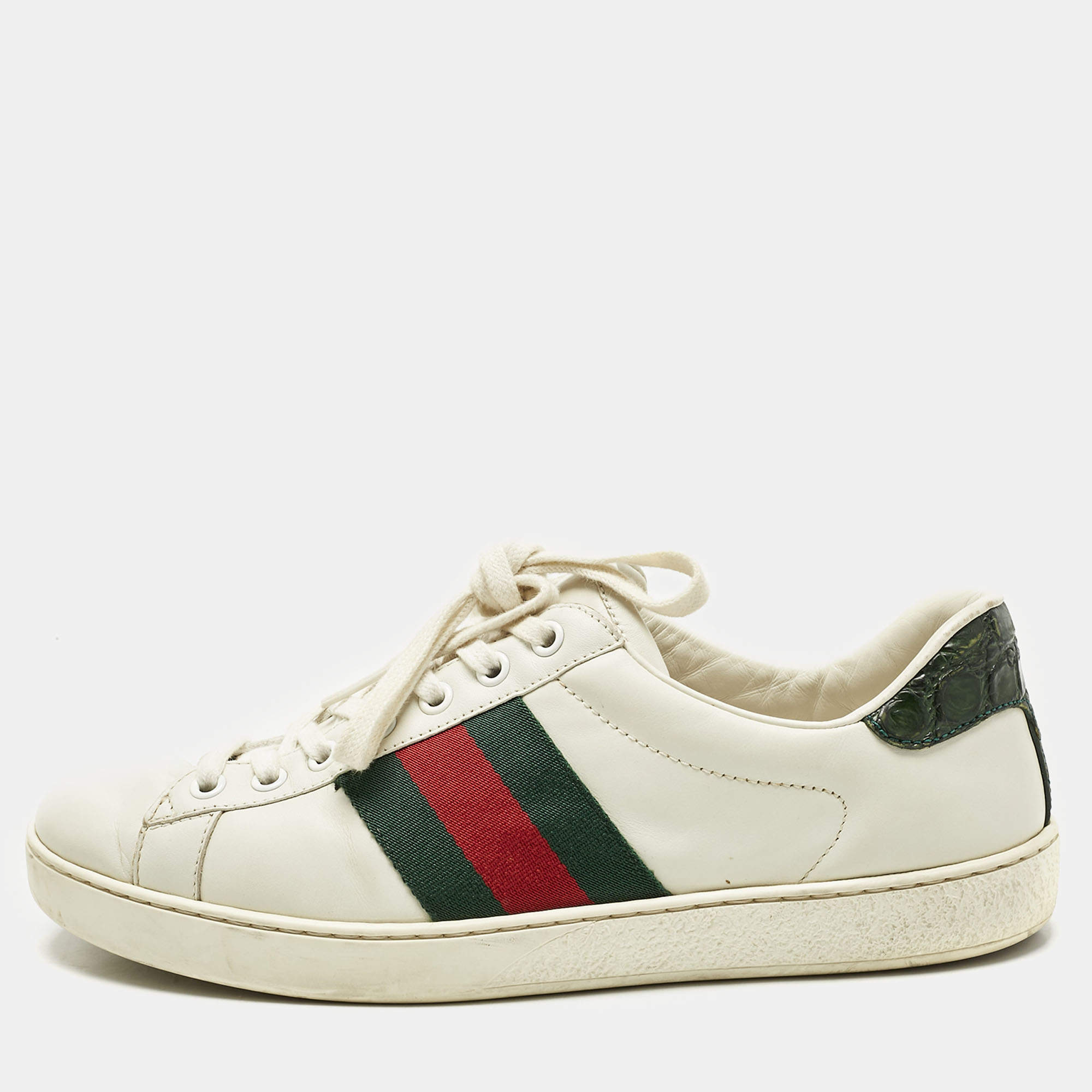 Pre Owned Gucci White Crocodile Leather and Leather Ace Lace Up Sneakers Size 40
