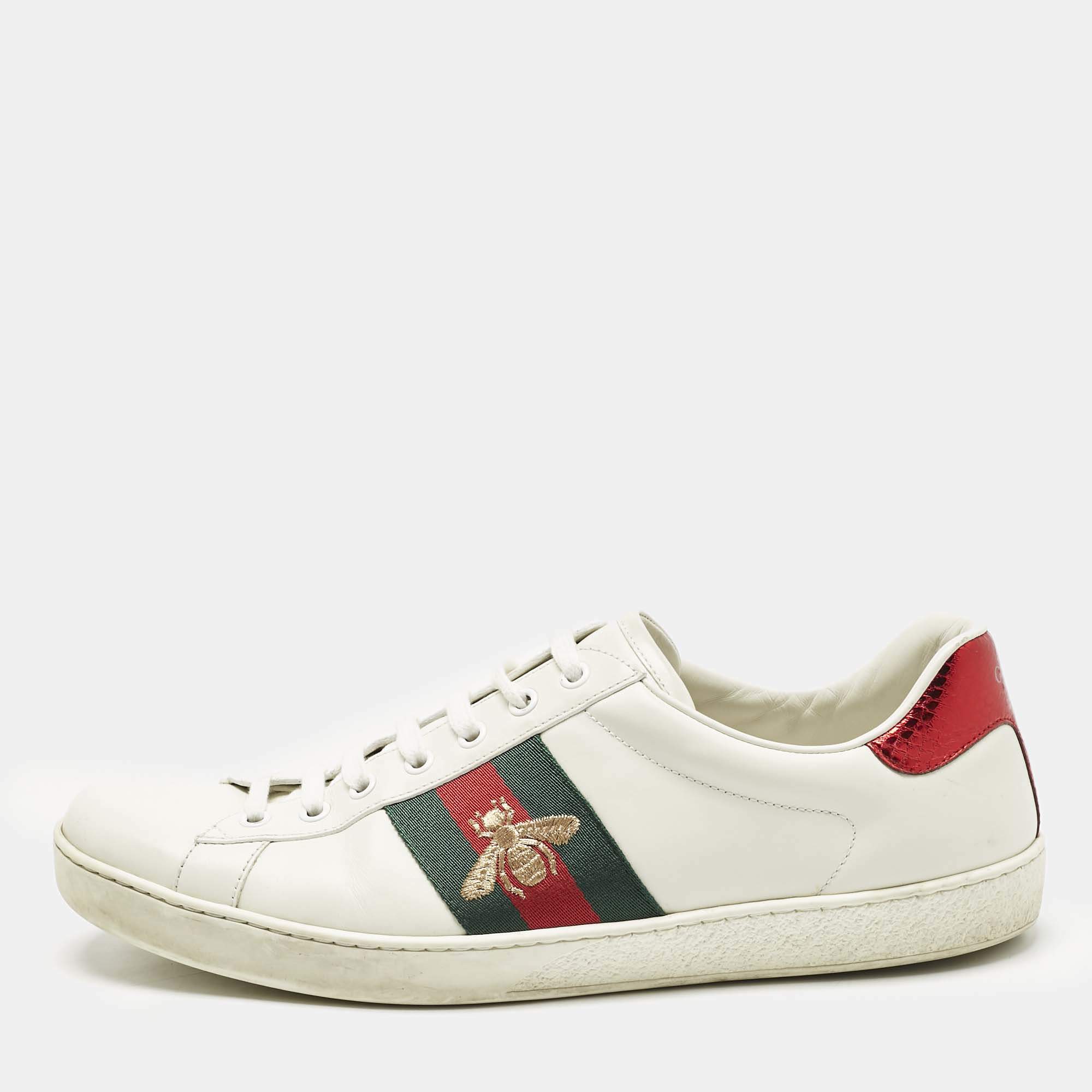 Pre Owned Gucci White Leather Bee Embroidered Ace Low Top Sneakers Size 44