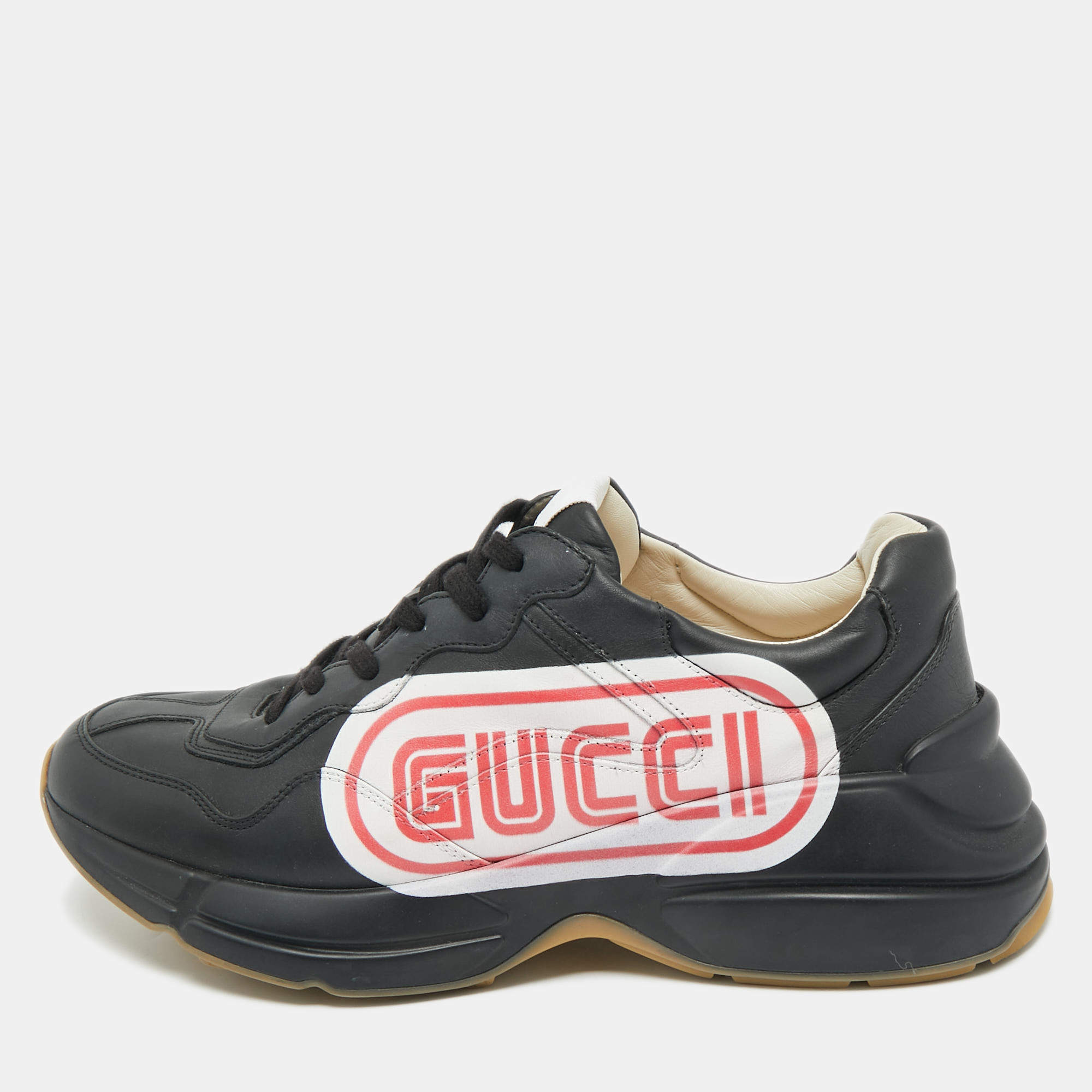 Pre Owned Gucci Black Leather Rhyton Logo Low Top Sneakers Size 43