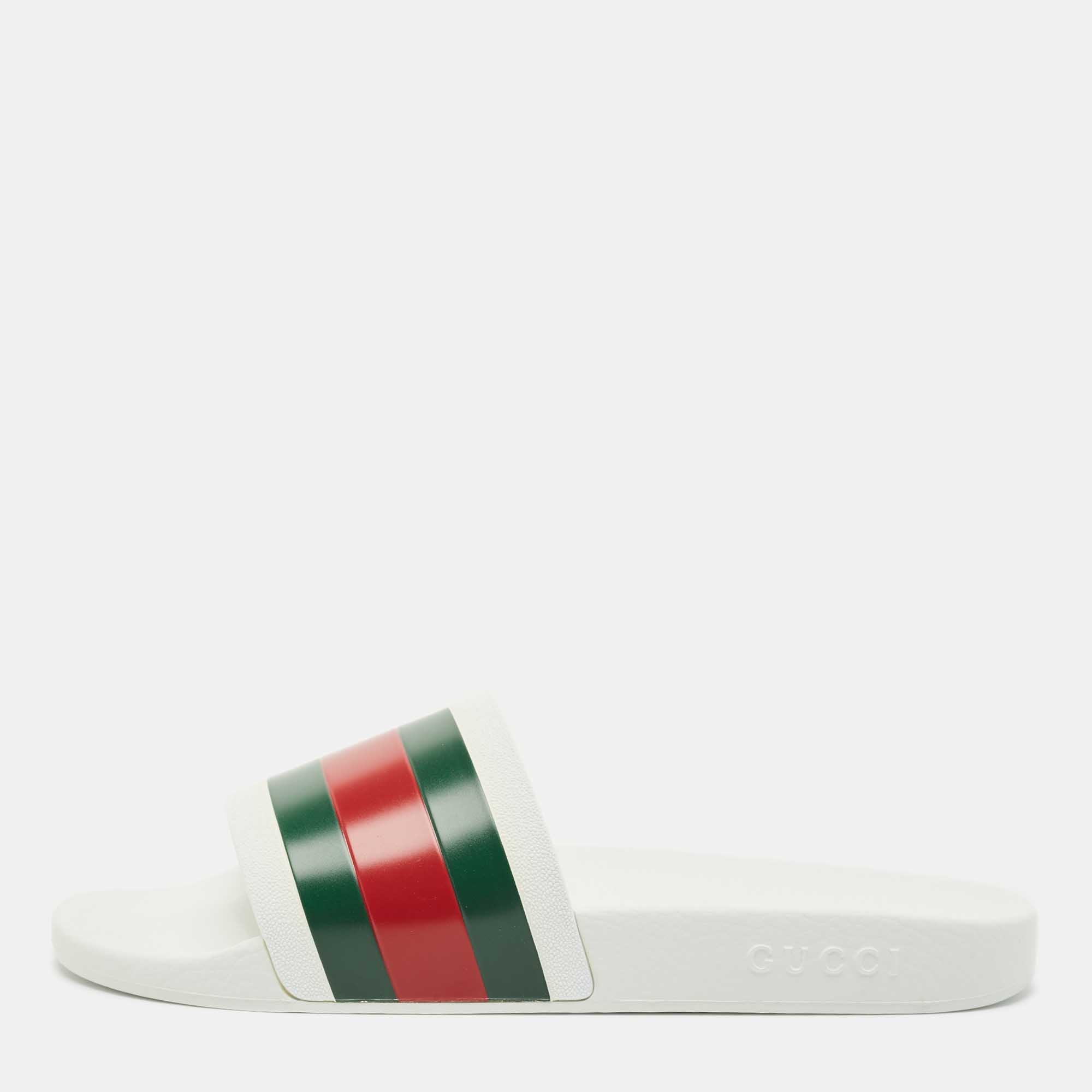 Pre Owned Gucci White Rubber Pursuit 72 Pool Slides Size 46