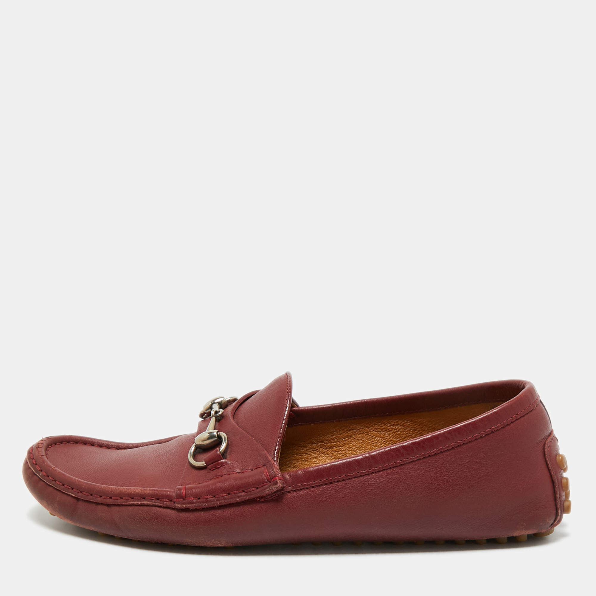 Pre Owned Gucci Dark Red Leather Horsebit Slip On Loafers Size 42