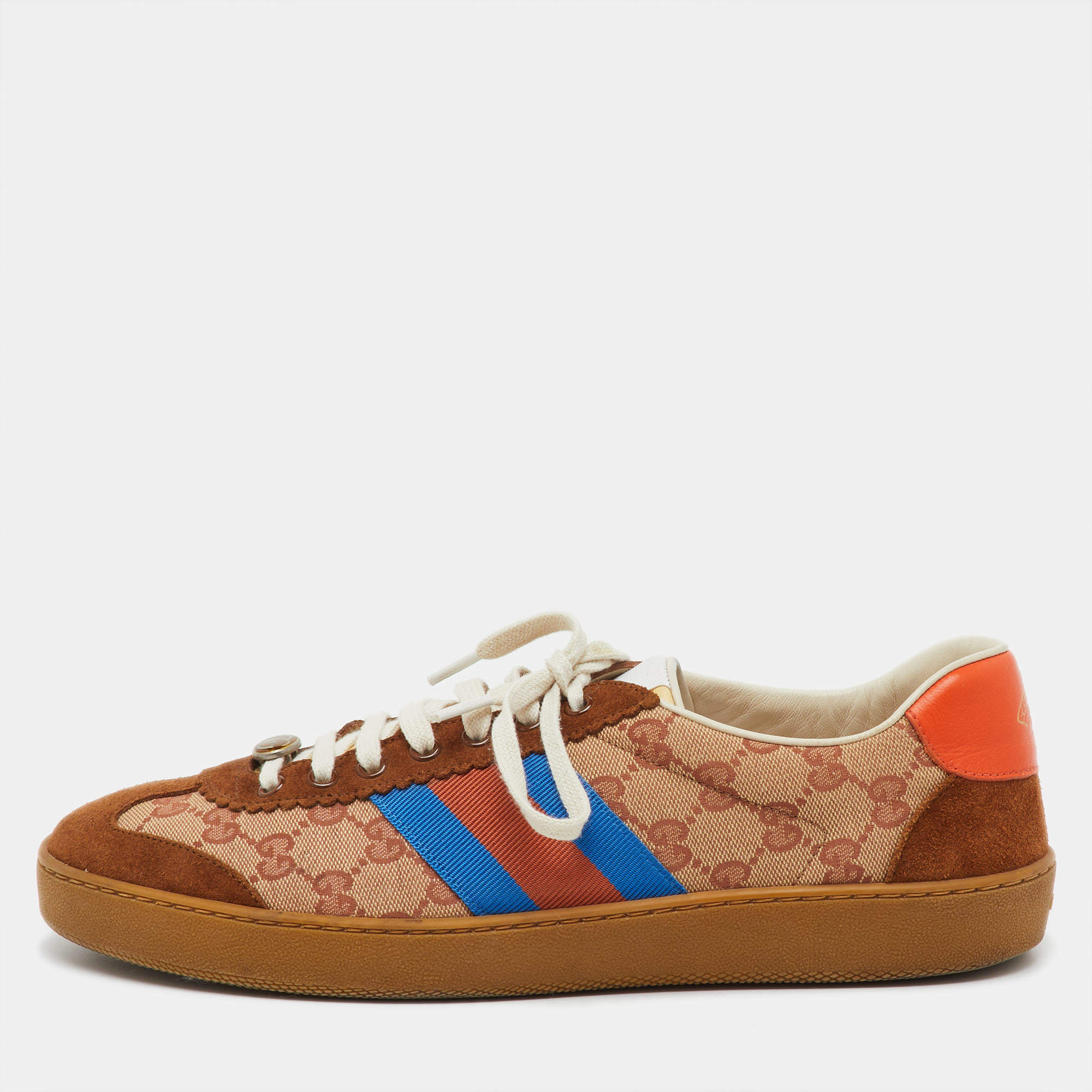 Pre Owned Gucci Brown/Beige GG Canvas and Suede Web G74 Sneakers Size 44