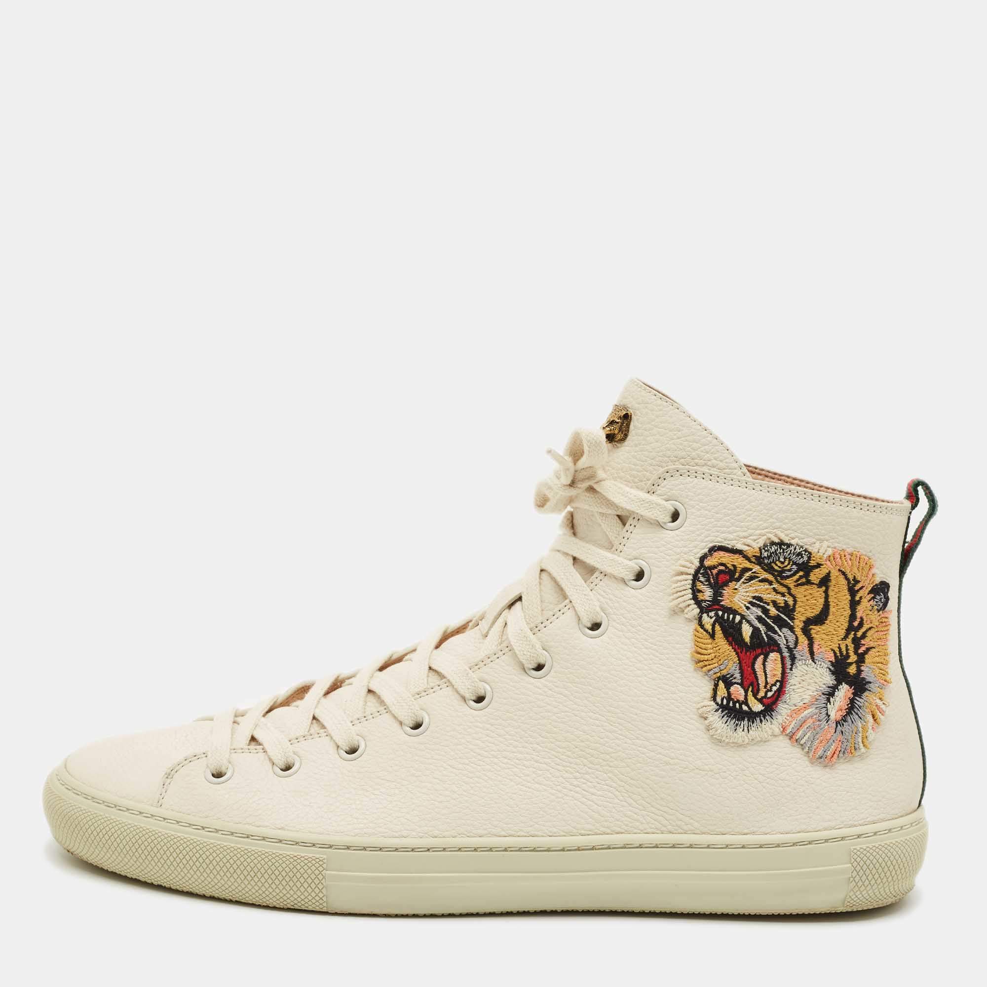 Pre Owned Gucci Cream Leather Tiger Embroidered High Top Sneakers Size 43.5