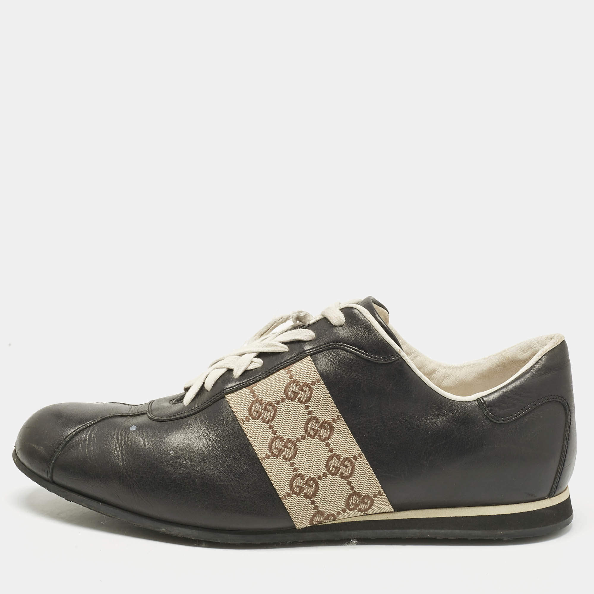 Pre Owned Gucci Beige/Black Leather and Canvas Tennis Low Top Sneakers Size 45