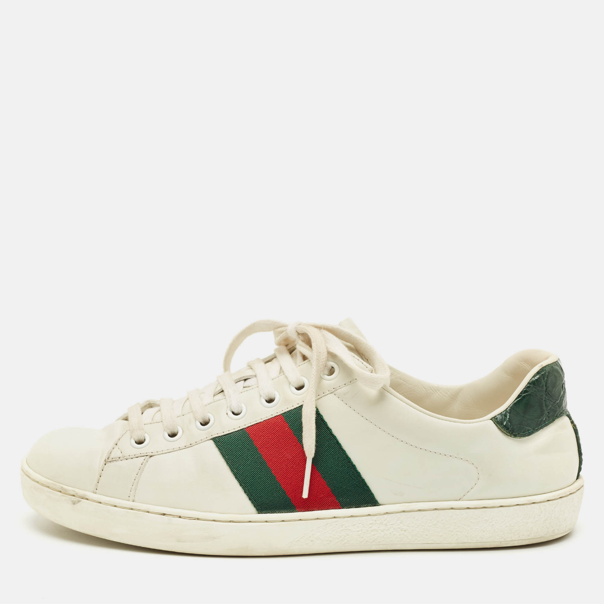 Pre Owned Gucci White Crocodile Leather and Leather Ace Lace Up Sneakers Size 40