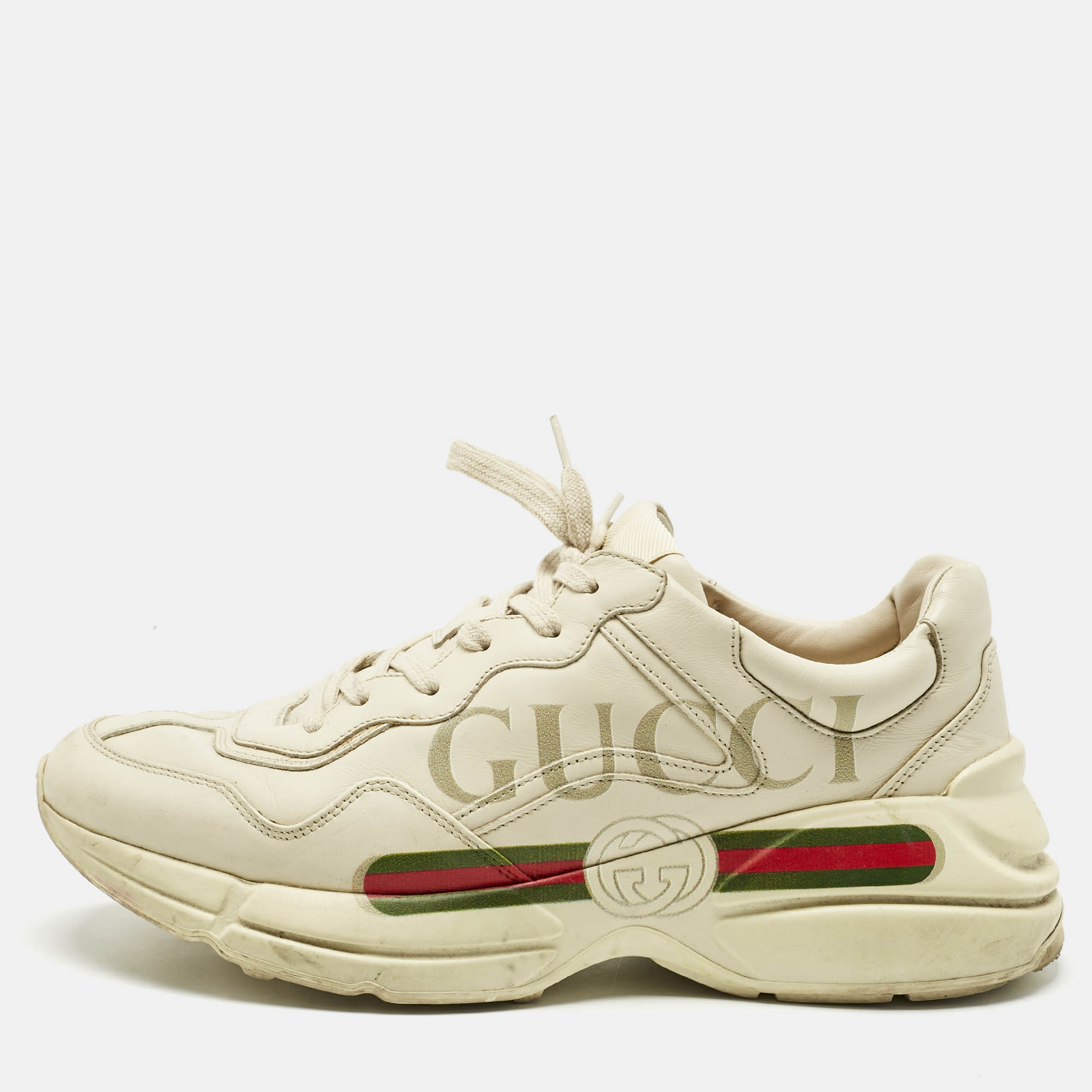 Pre Owned Gucci Cream Leather Rhyton Lace Up Sneakers Size 43.5