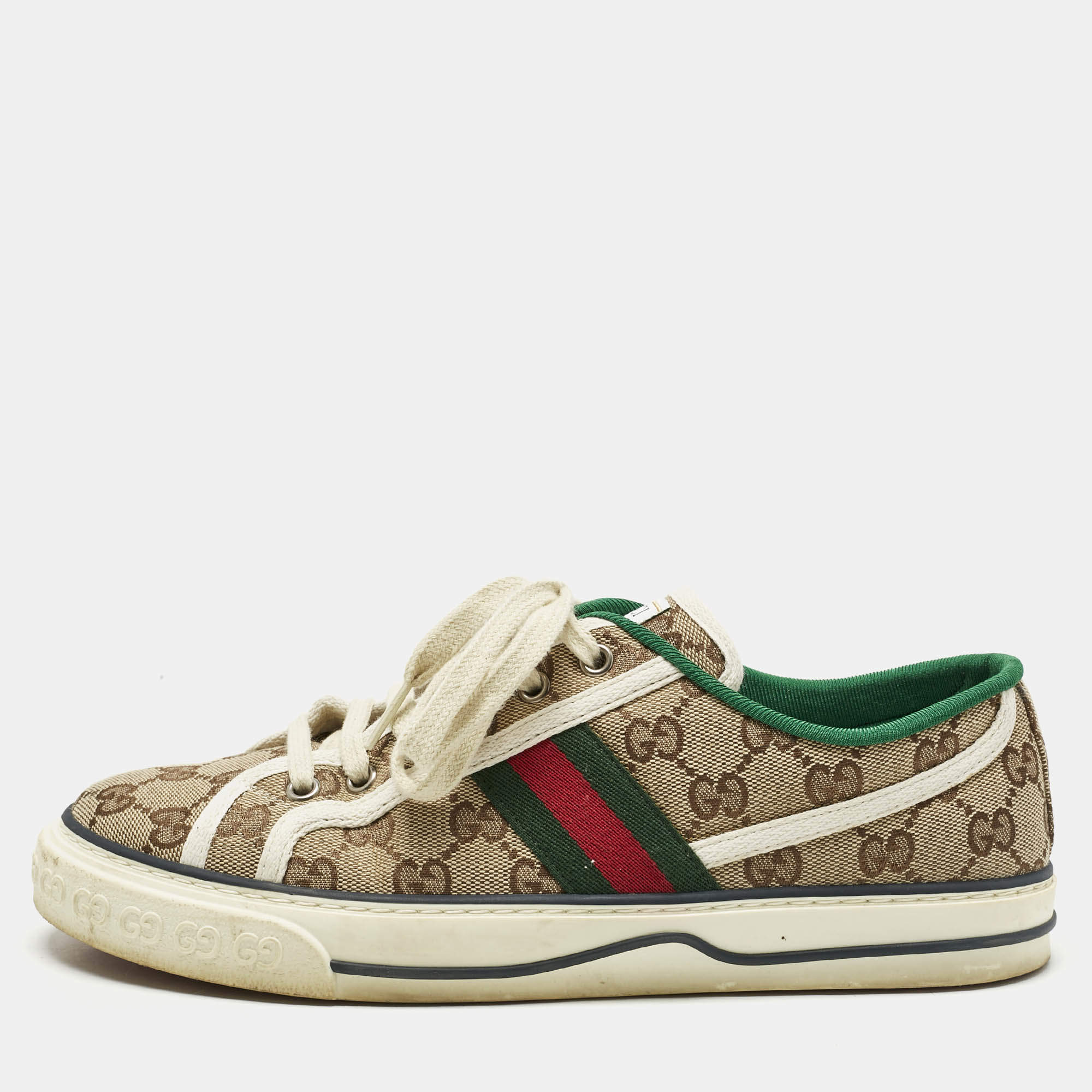 Pre Owned Gucci Beige Canvas Tennis 1977 Lace Up Sneakers Size 40