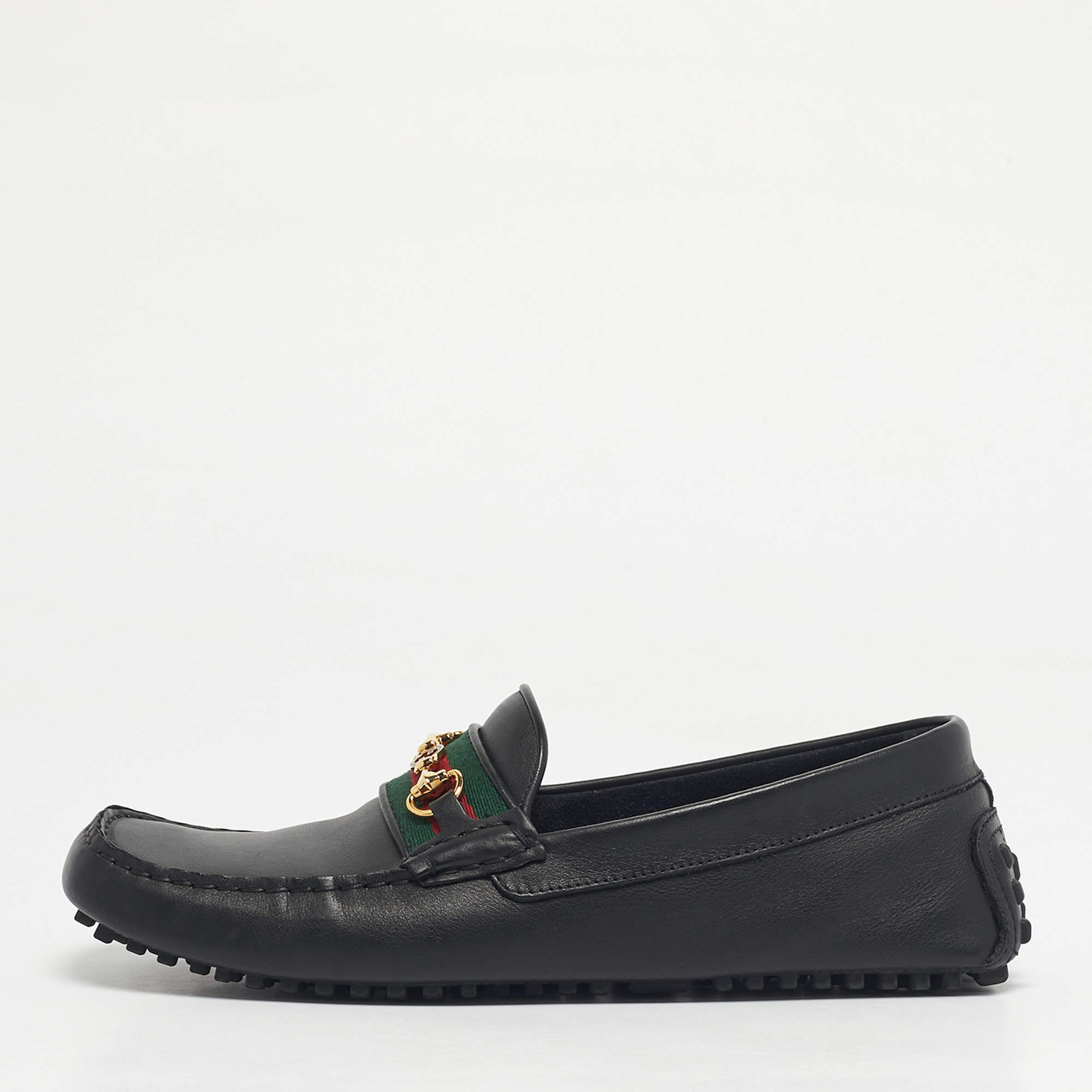 Pre Owned Gucci Black Leather Horsebit Web Detail Driver Loafers Size 42.5
