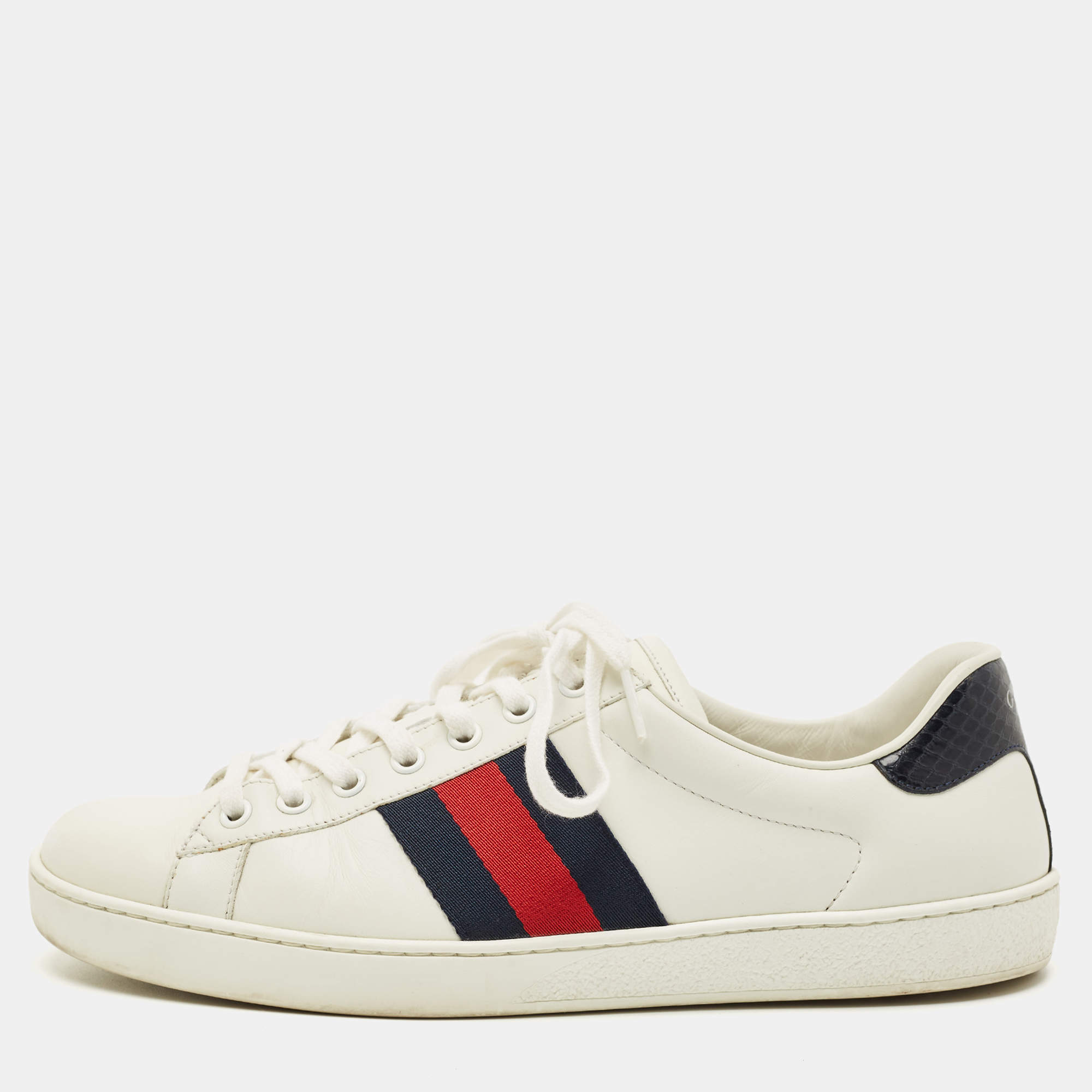 Pre Owned Gucci White Leather and Python Embossed Leather Web Ace Lace Up Sneakers Size 42.5