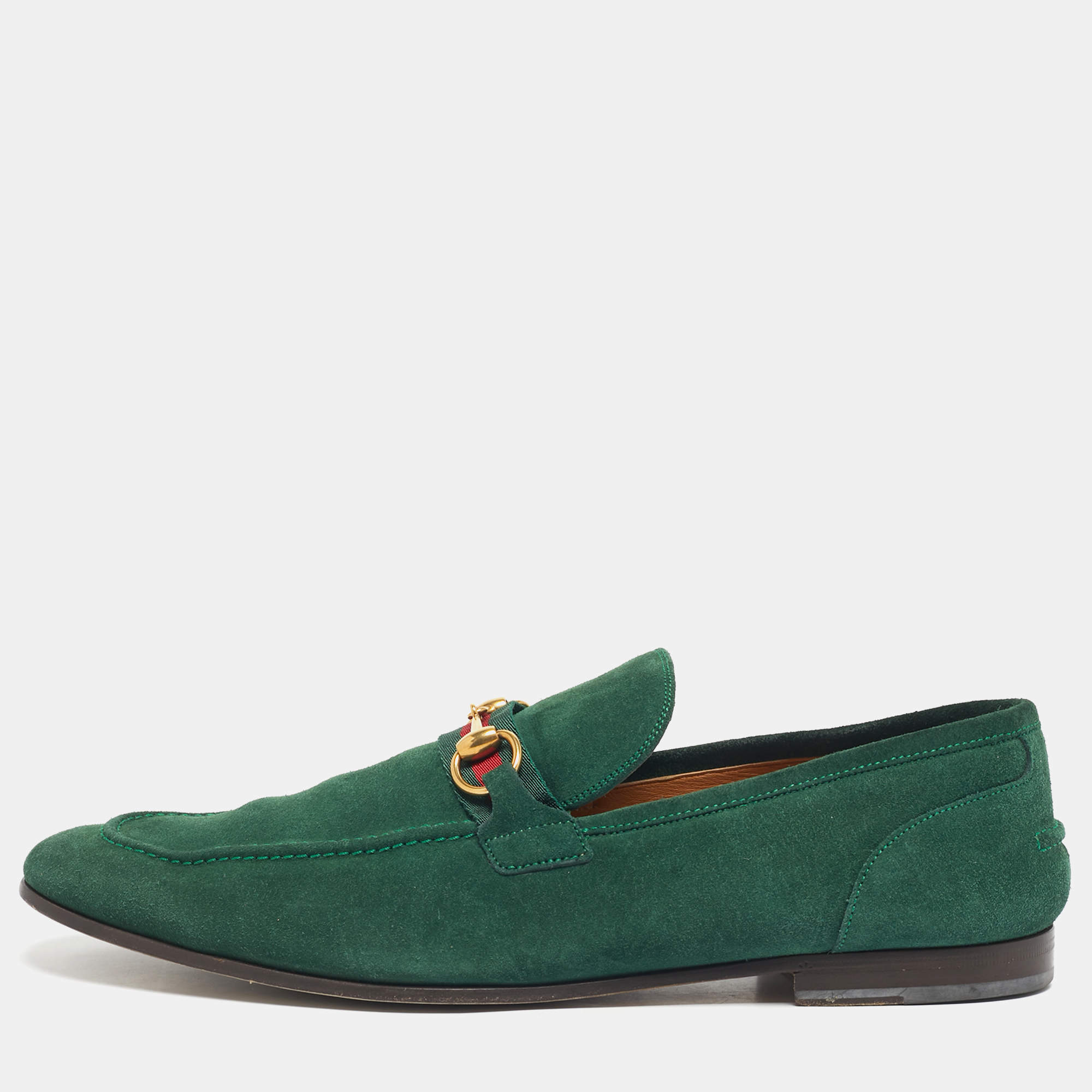 Pre Owned Gucci Green Suede Horsebit Loafers Size 46