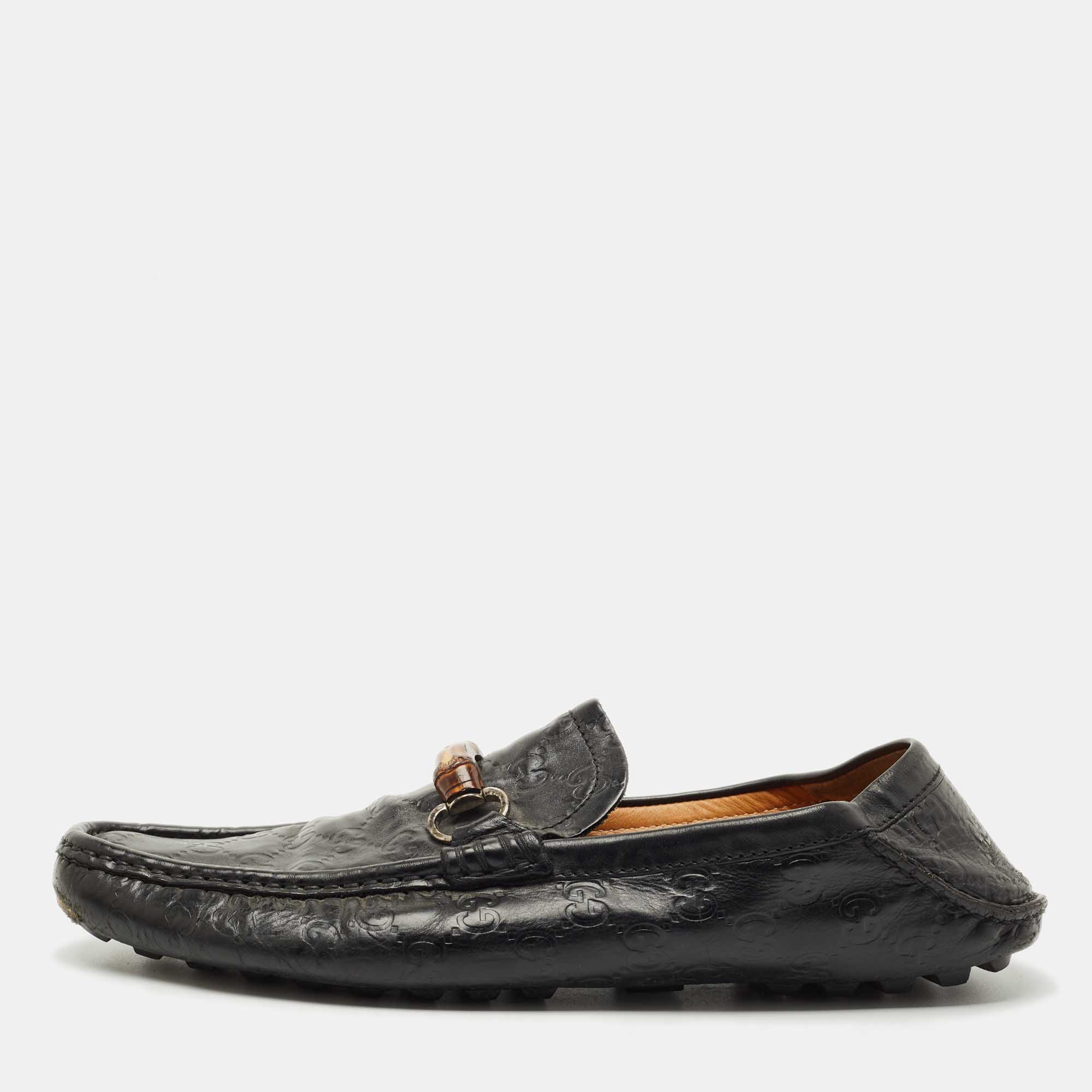 Pre Owned Gucci Black Leather Horsebit Web Detail Driver Loafers Size 45