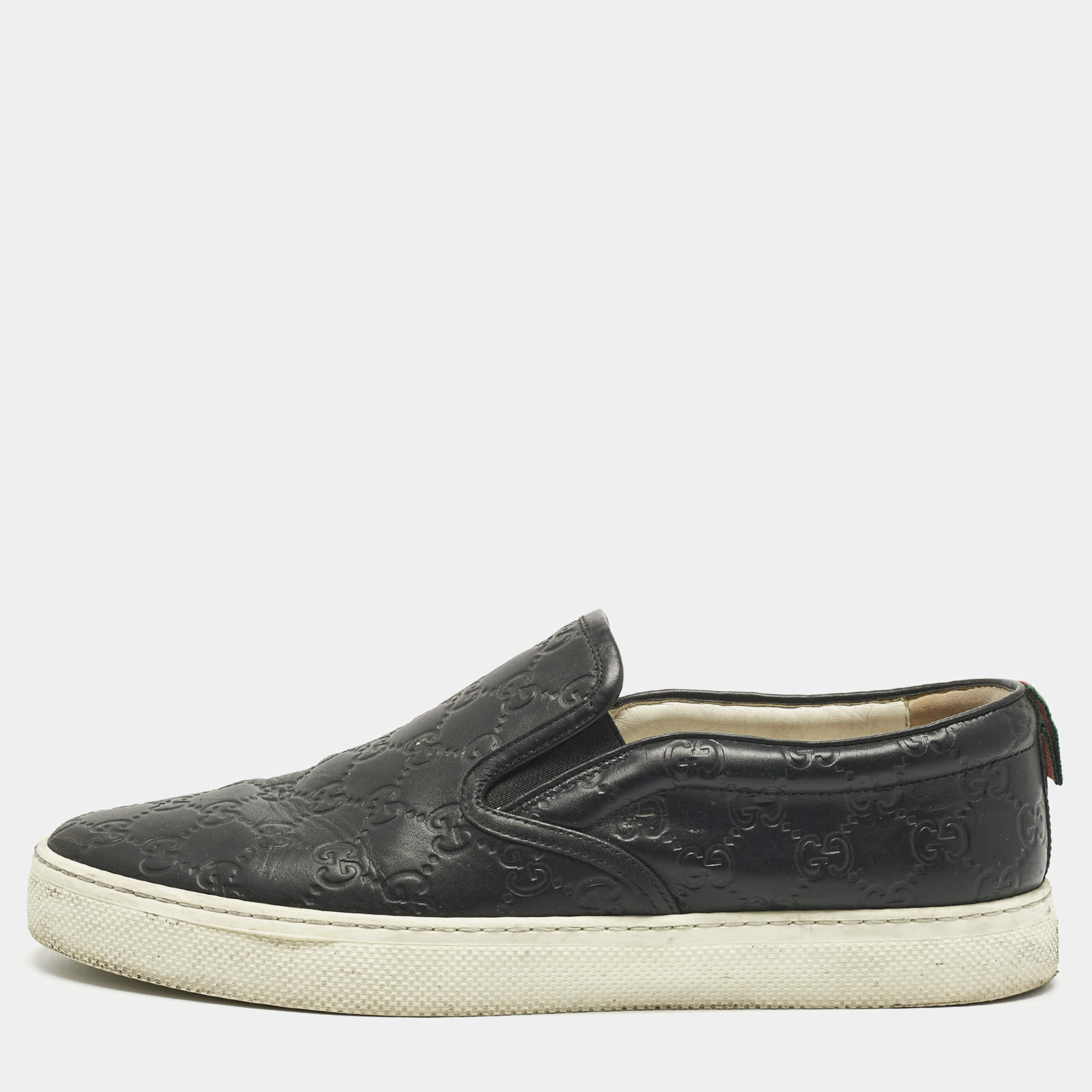 Pre Owned Gucci Black GG Supreme Leather Slip On Sneakers Size 44
