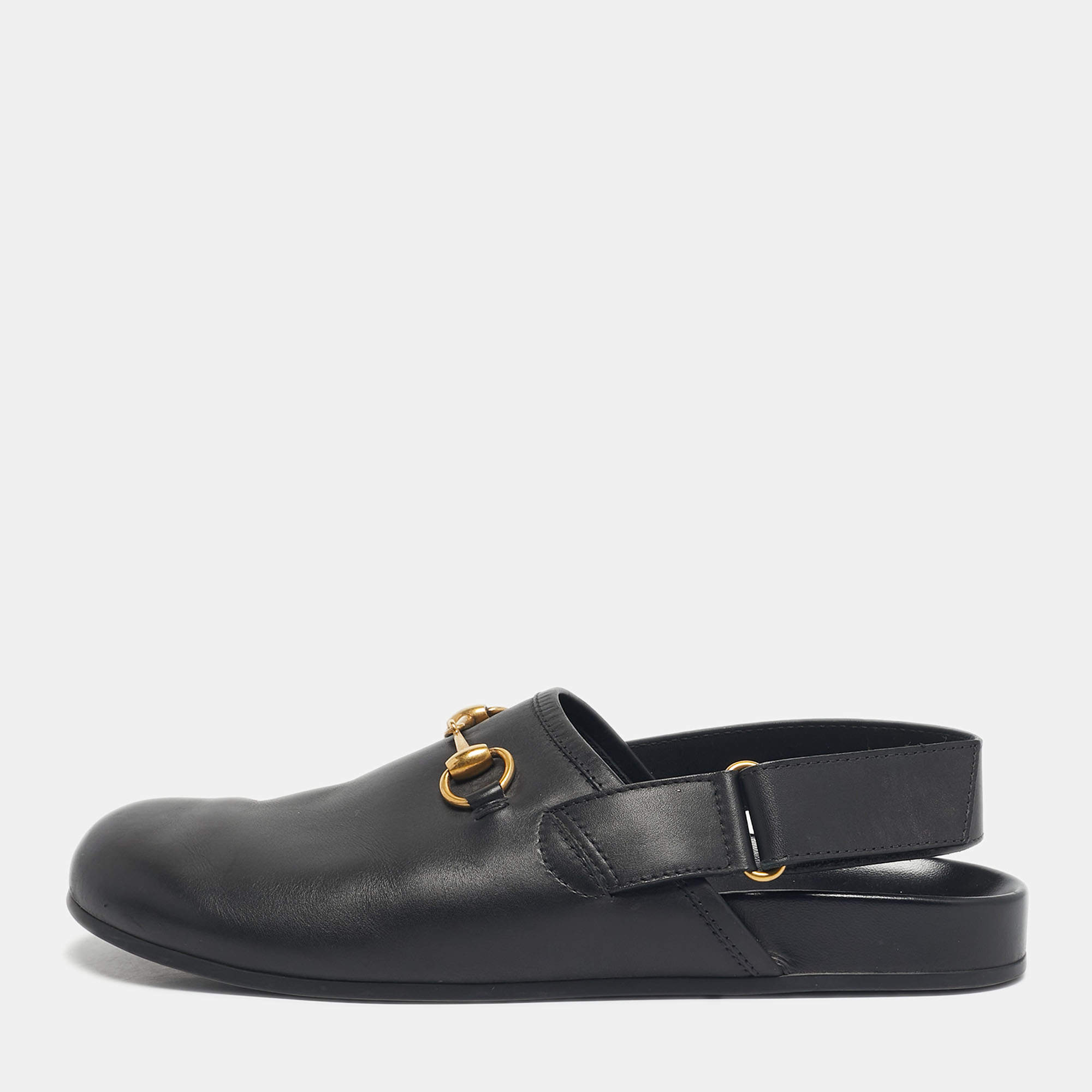 Pre Owned Gucci Black Leather Horsebit River Slingback Slippers Size 42