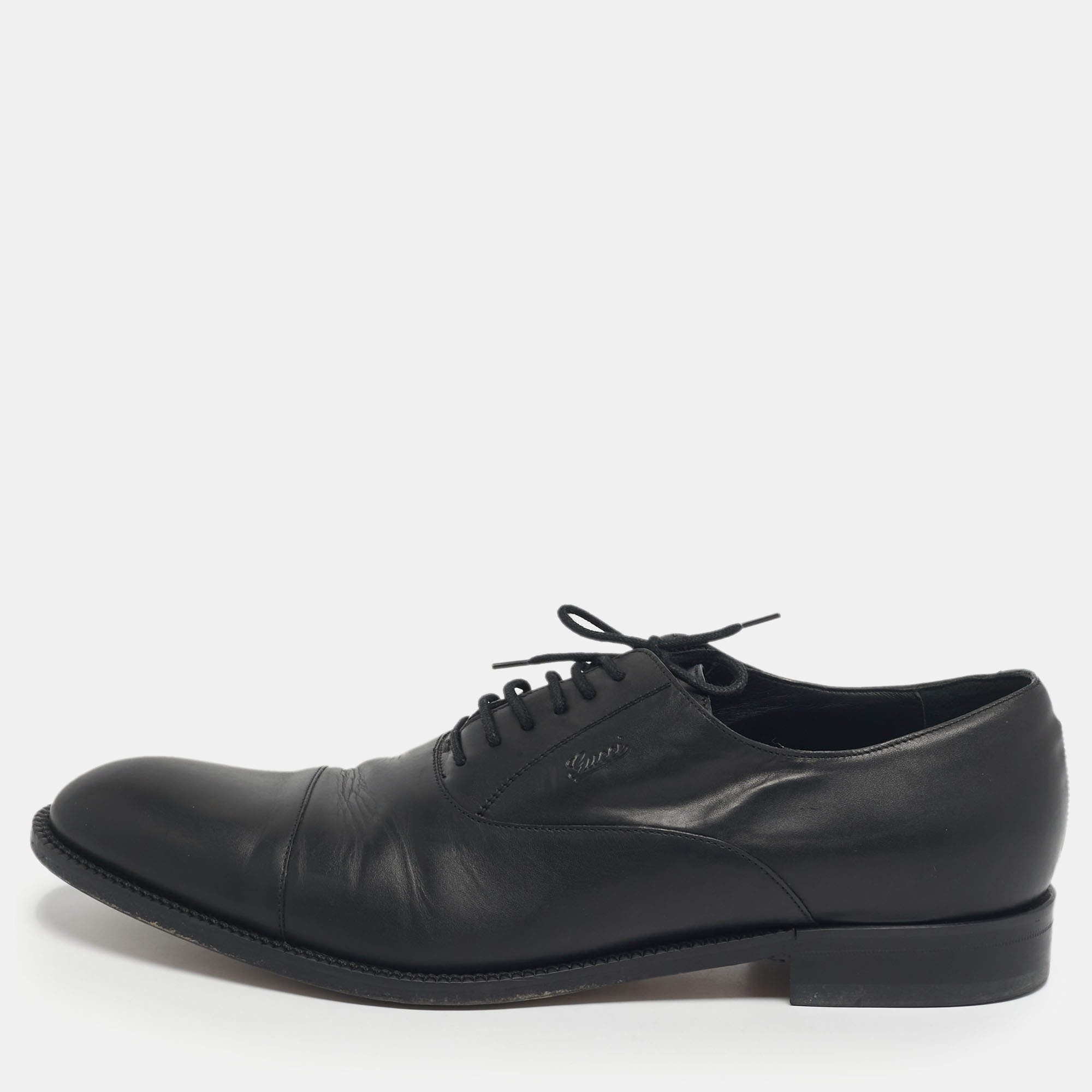 Pre Owned Gucci Black Leather Lace Up Oxfords Size 45