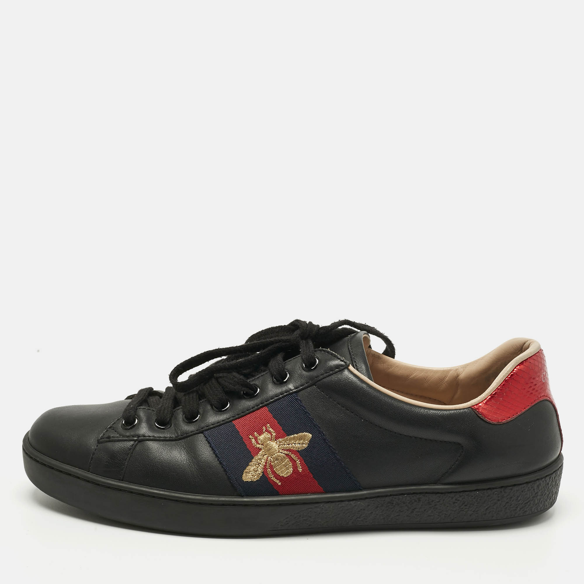 Pre Owned Gucci Black Leather Ace Lace Up Sneakers Size 41.5