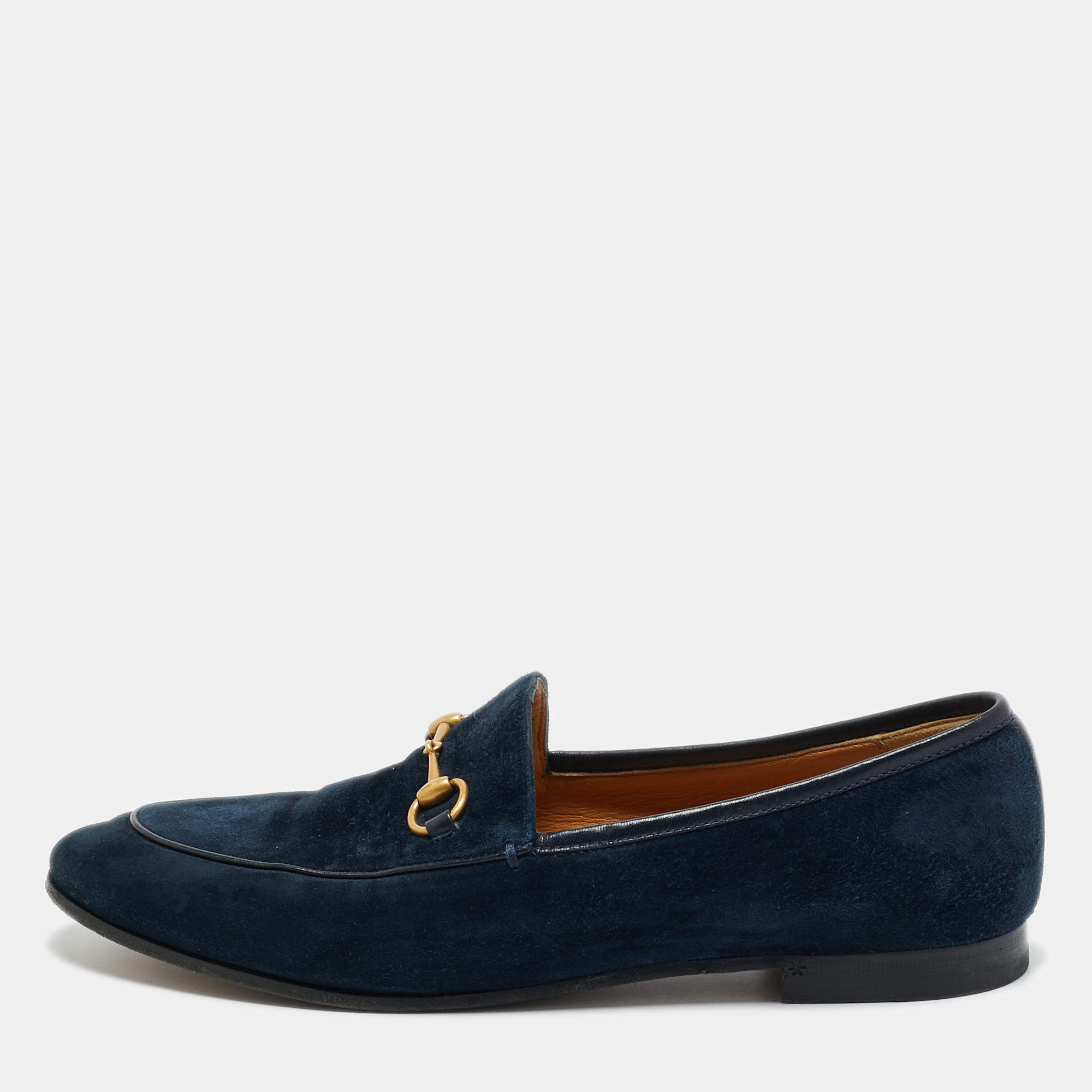 Pre Owned Gucci Blue Leather and Suede Jordaan Horsebit Loafers Size 40